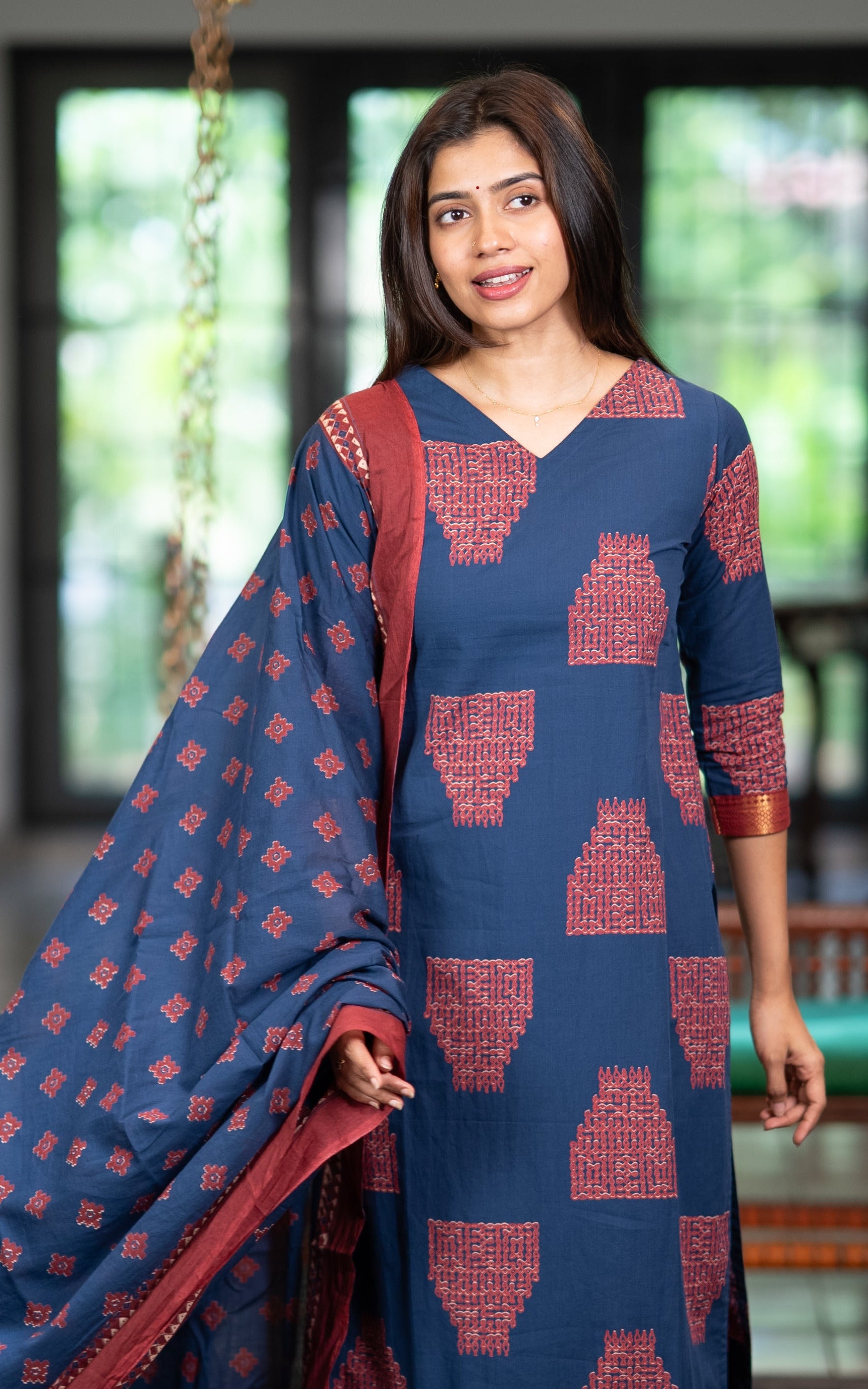 Blue Cotton Office Wear Kurti with Dupatta for Women
