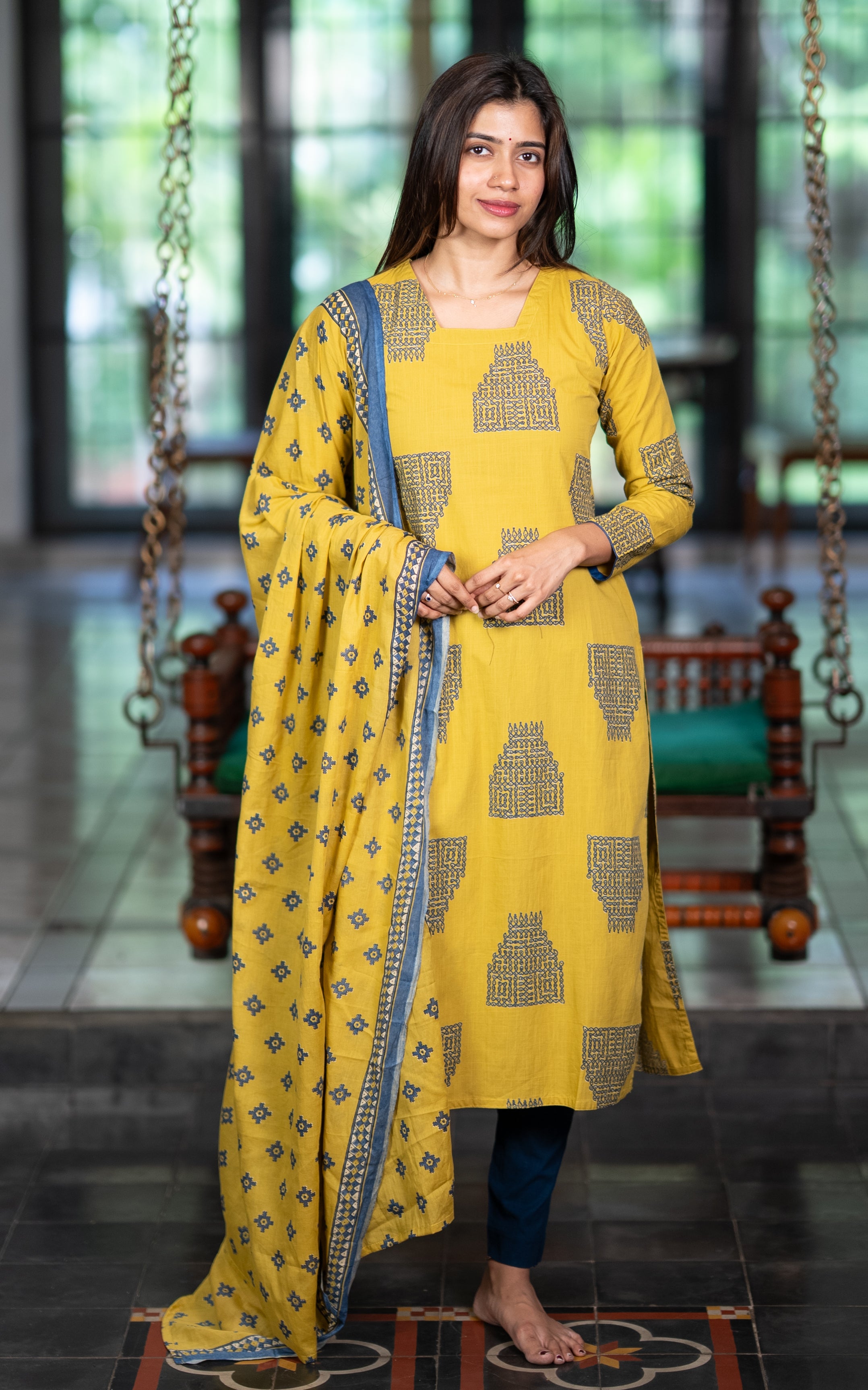 Yellow Cotton Office Wear Kurti with Dupatta for Women
