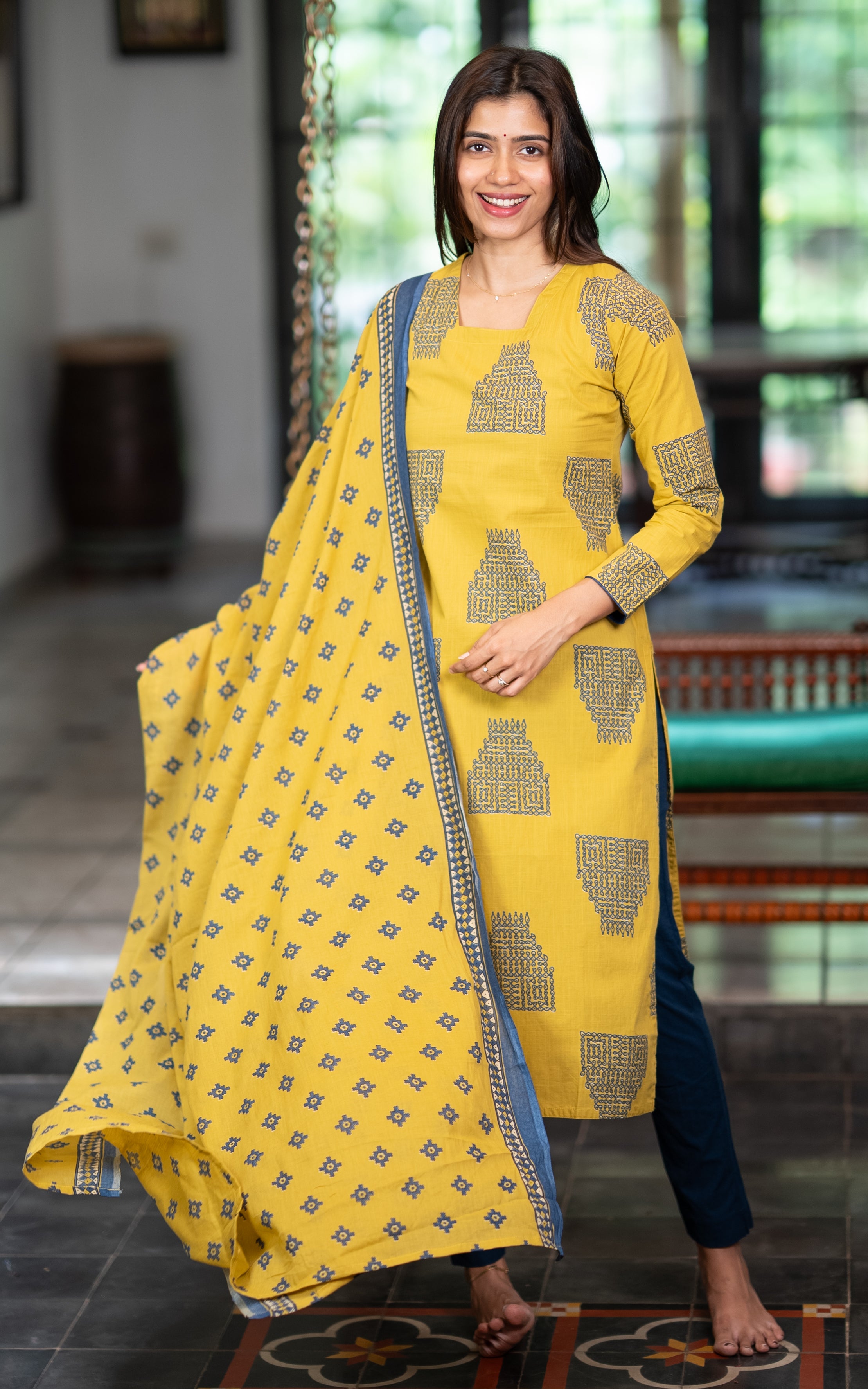 Yellow Cotton Casual Wear Kurti with Dupatta for Women