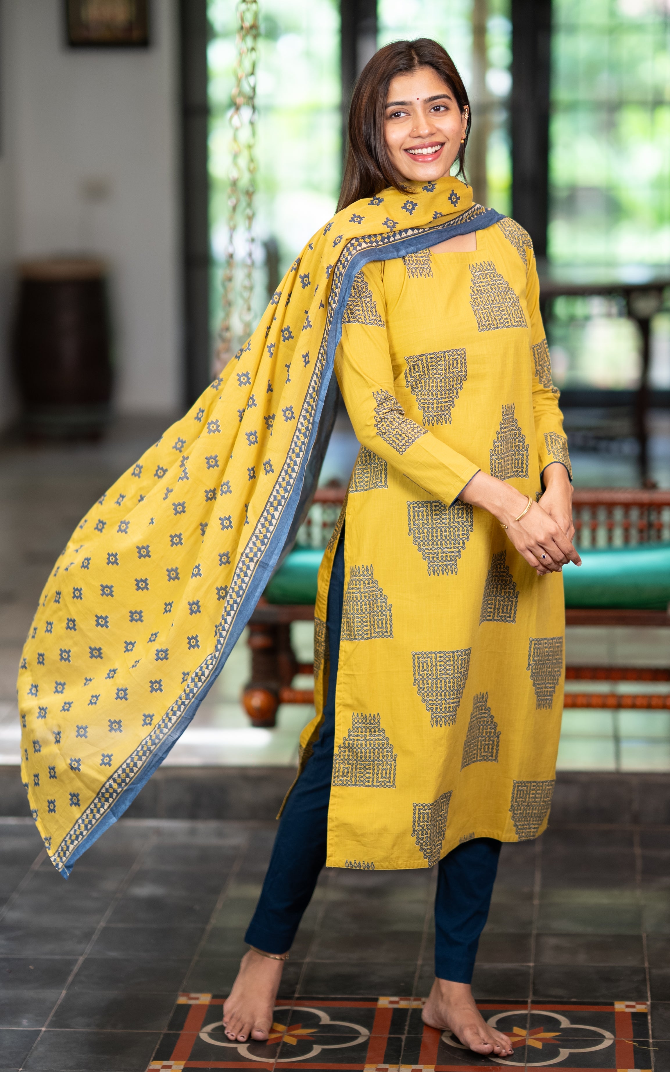 Yellow Cotton Ethnic Wear Kurti with Dupatta for Women