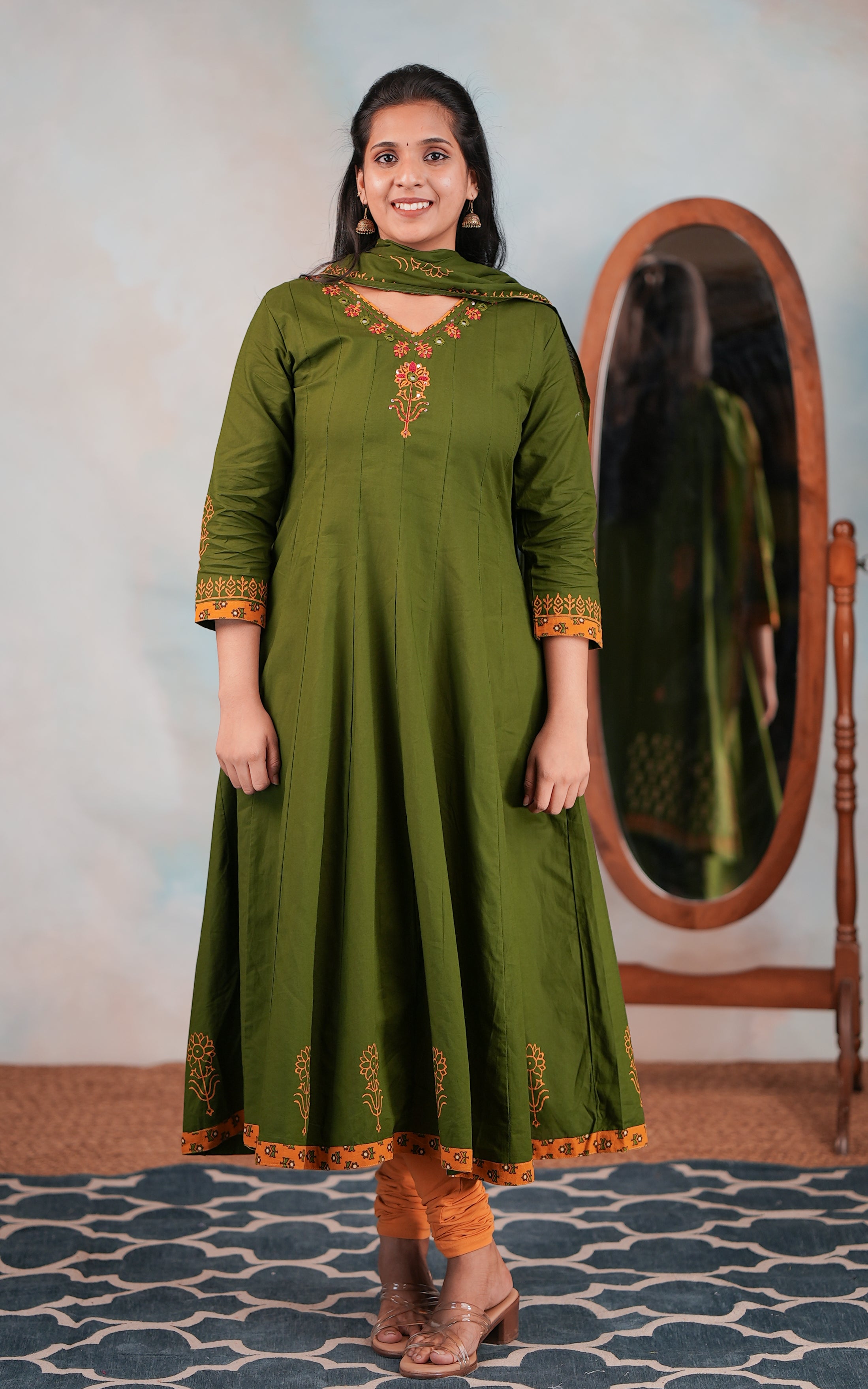 olive ethnic print kurti set for women