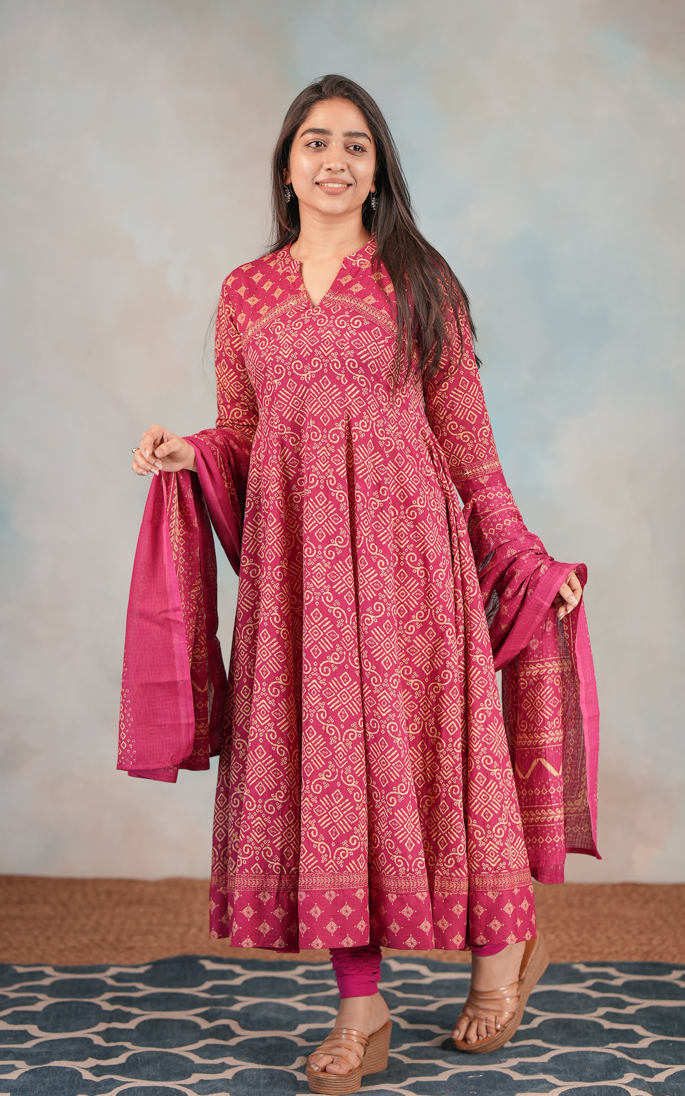 Printed Dark Rani Pink Cotton Anarkali For Women