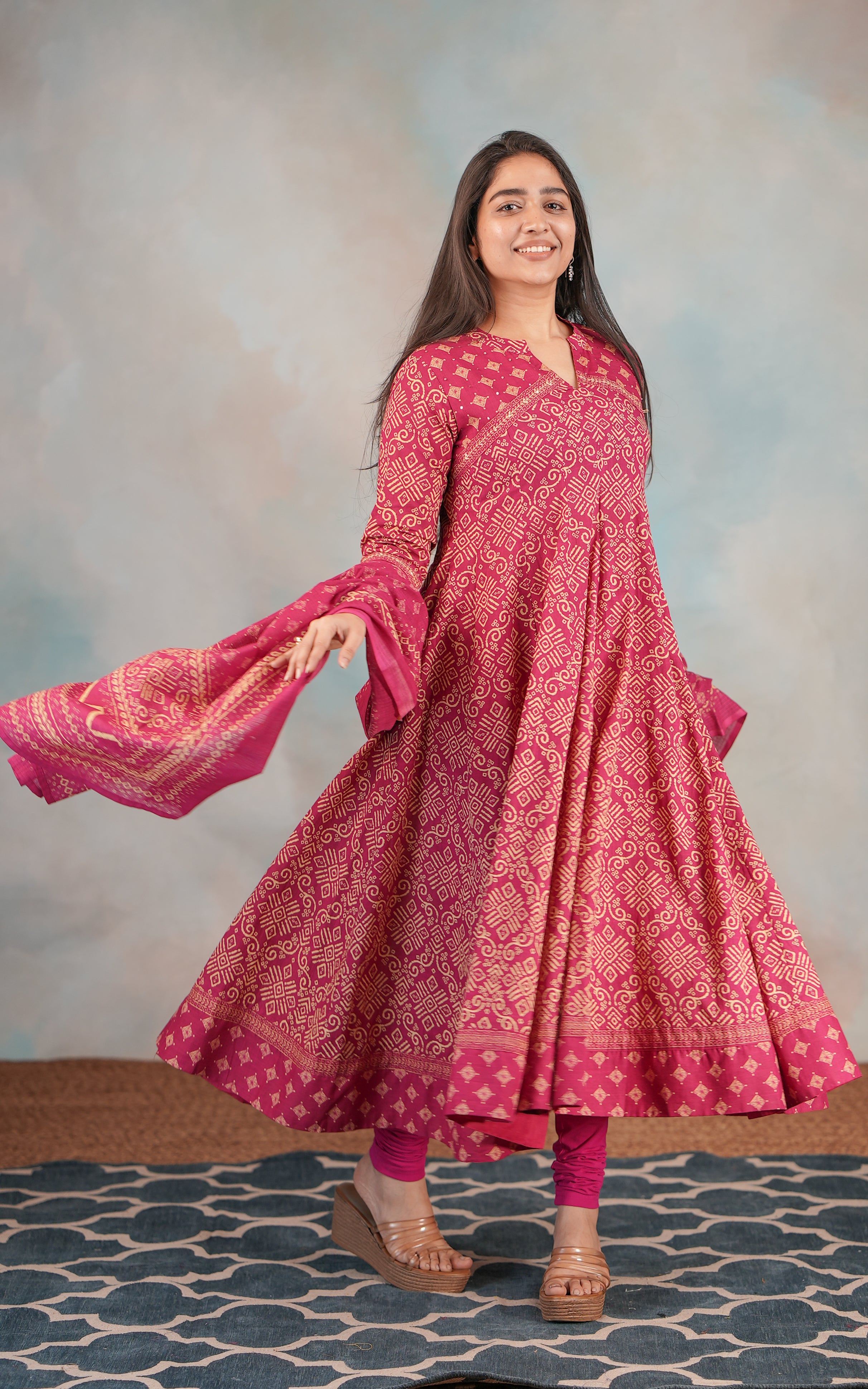 Dark Rani Pink Cotton Anarkali Kurti With Dupatta For Women