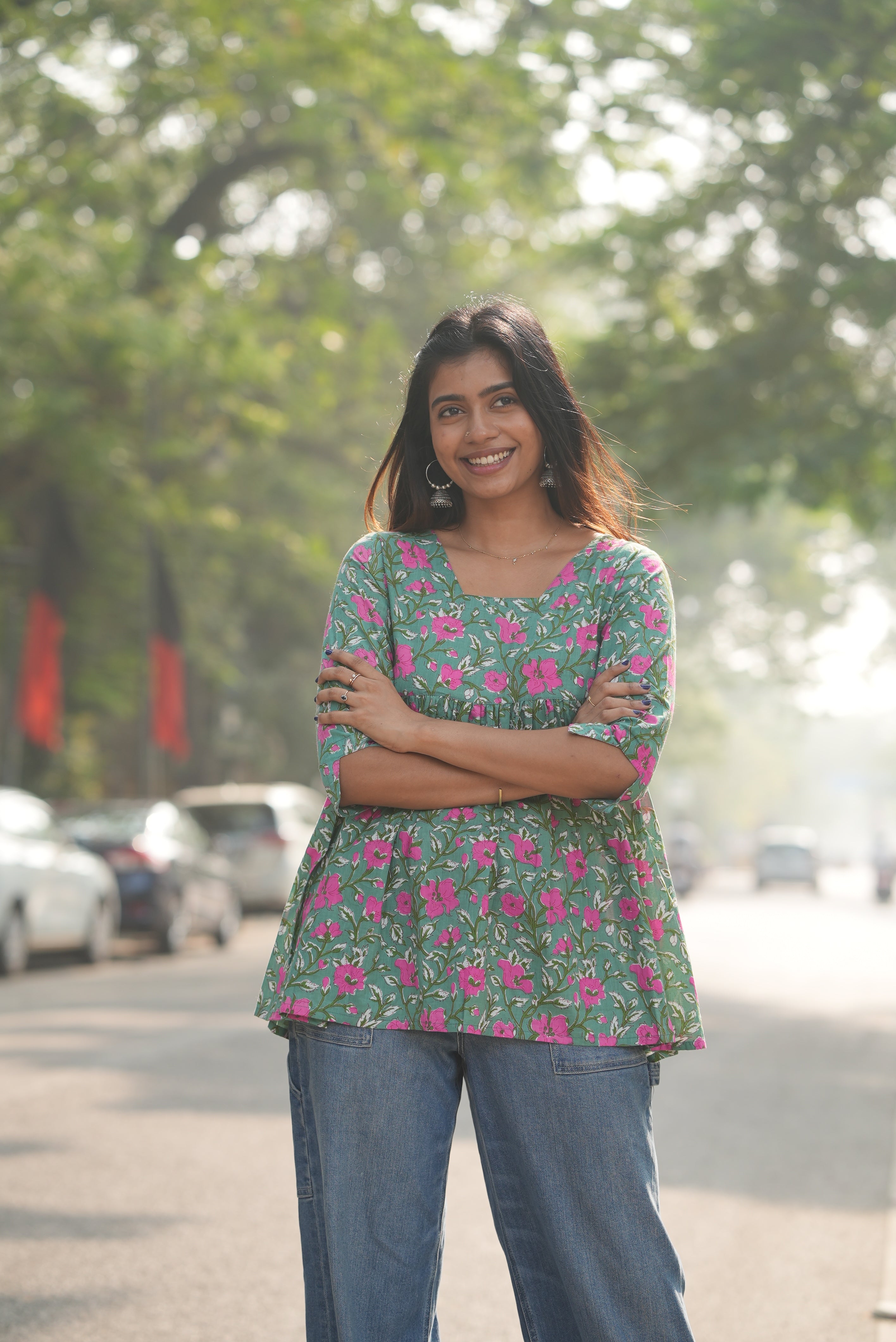 Green hand block print cotton flared short kurti.
