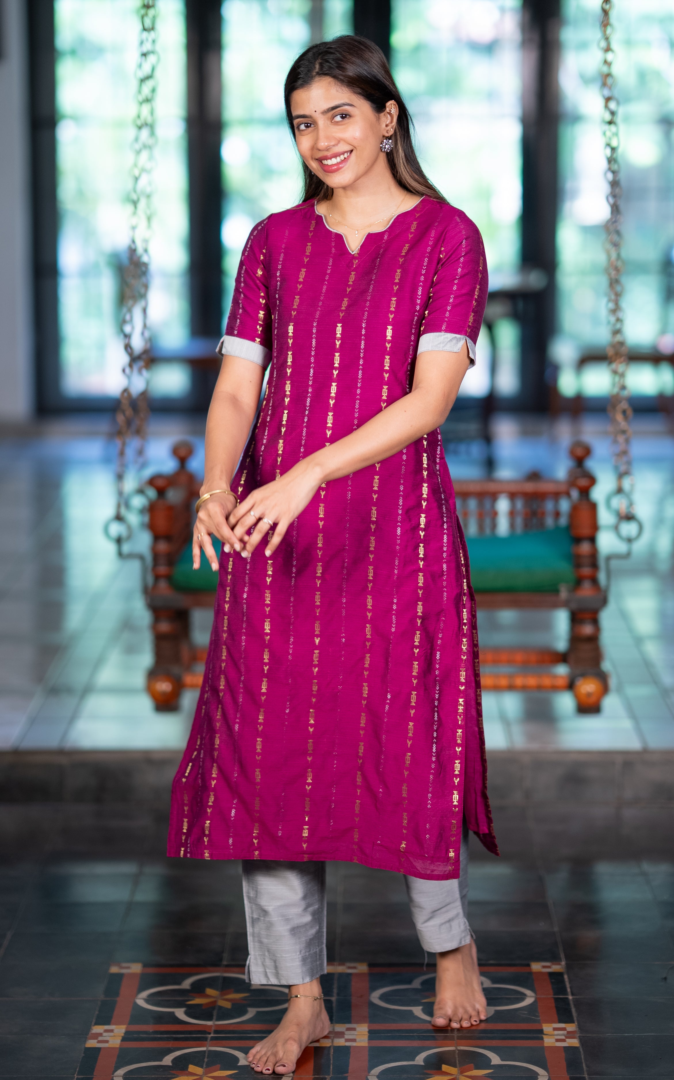 Instore – Magenta Dharmika Kurti Set for Women – Cotton – Casual Wear – Ethnic Wear