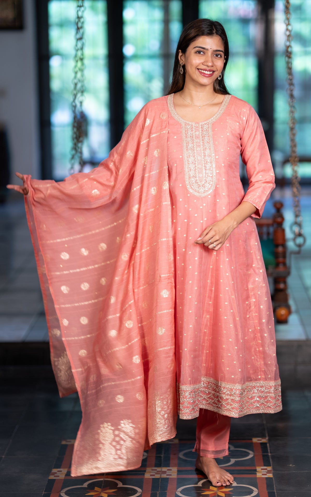 Instore – Peach Pranithi Kurti Pant Dupatta Set for Women – Cotton – Printed – Ethnic Wear