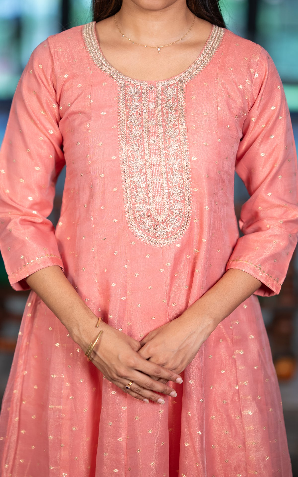 Instore – Peach Pranithi Kurti Pant Dupatta Set for Women – Cotton – Printed – Ethnic Wear
