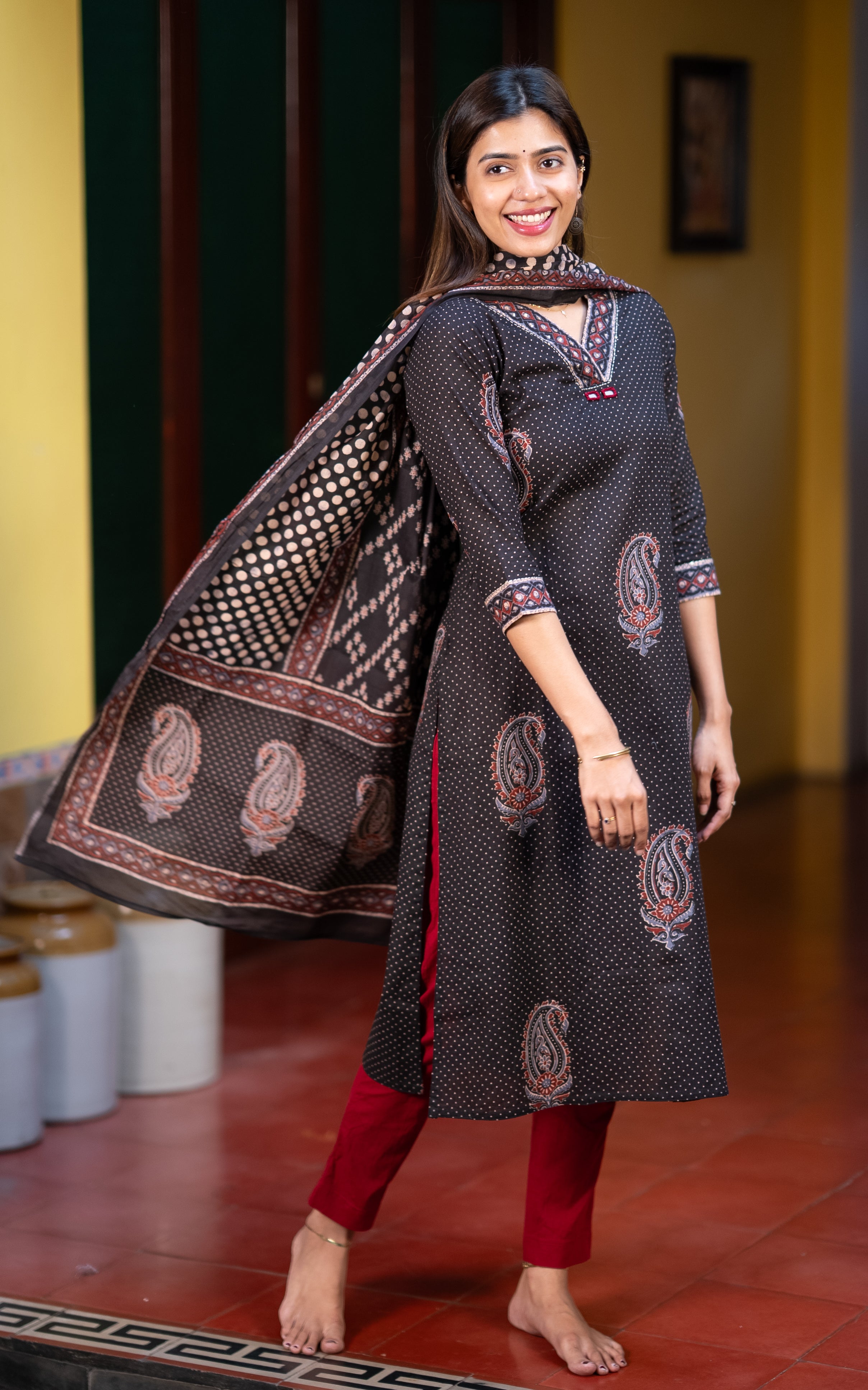 Black Cotton Office Wear Kurti with Dupatta for Women