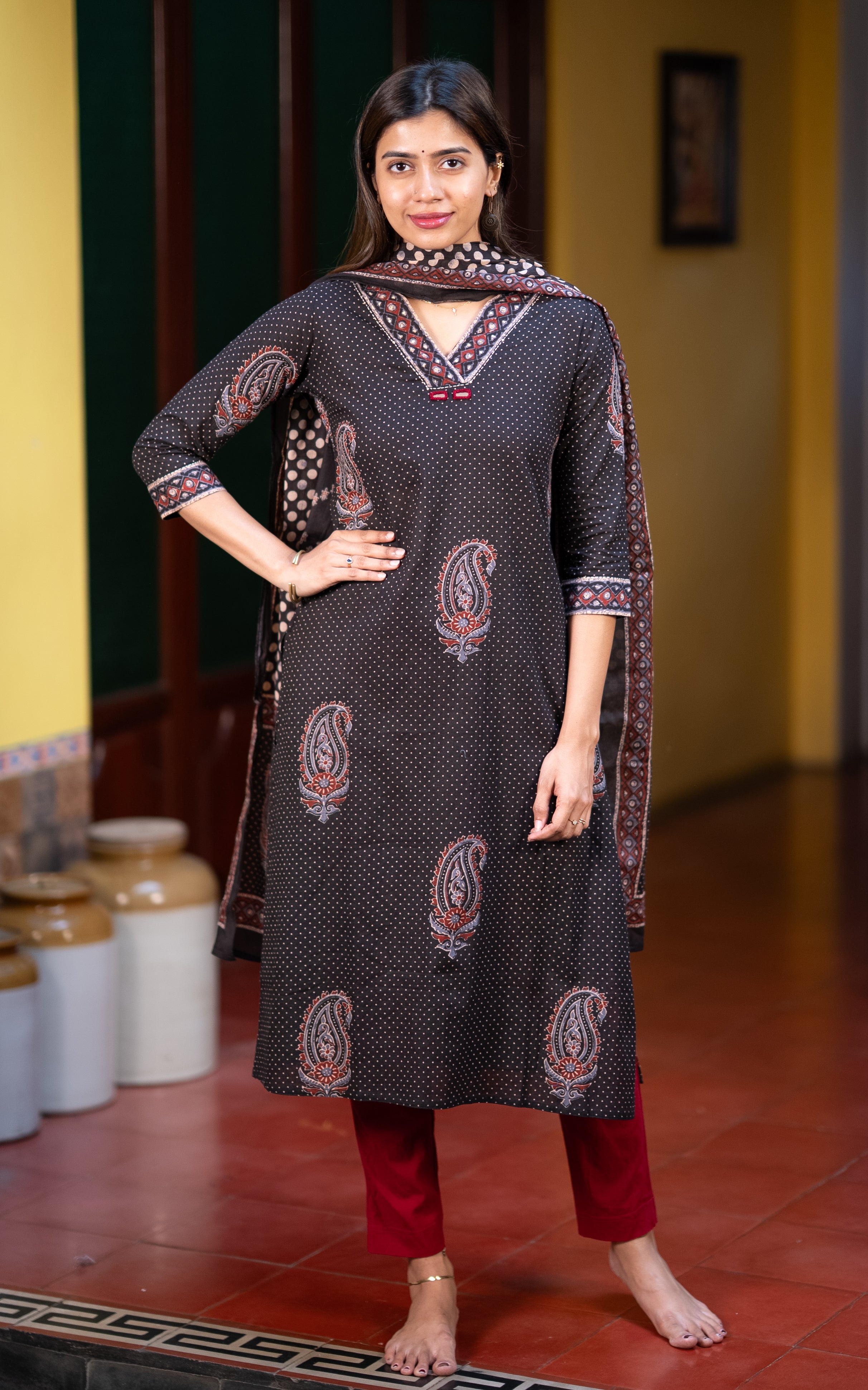 Black Cotton Kurti with Dupatta for Women