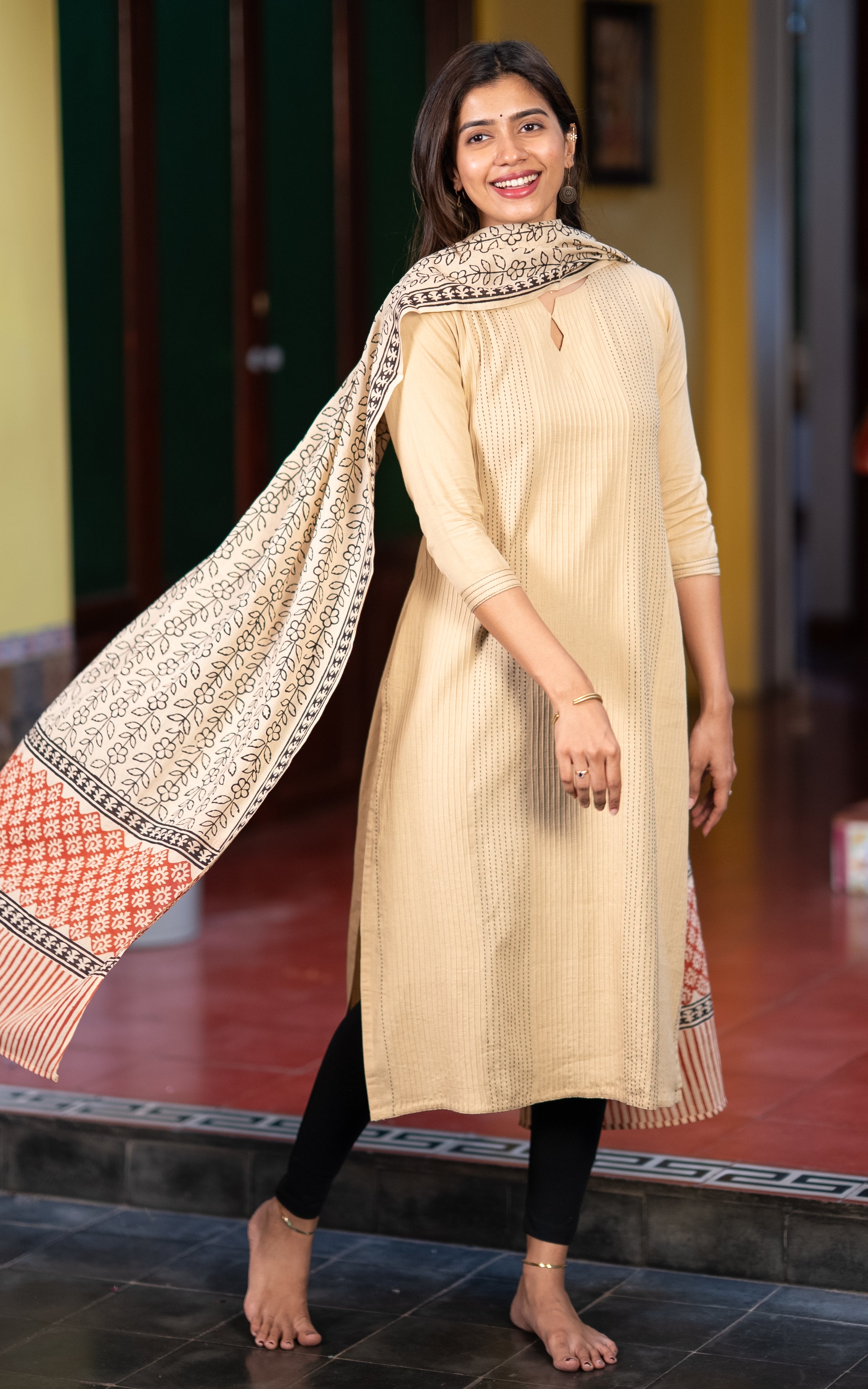 Beige Cotton Ethnic Wear Kurti with Dupatta for Women