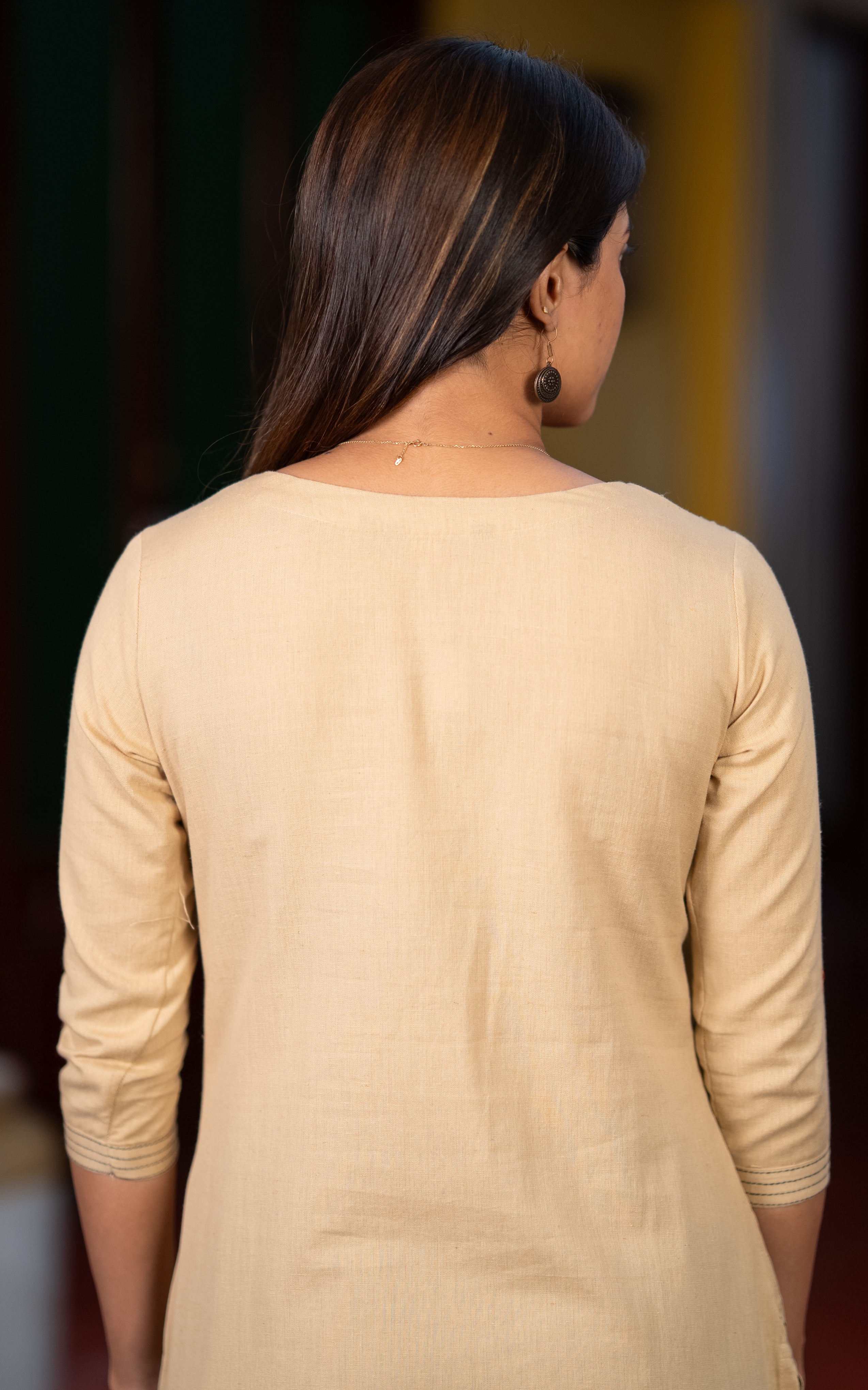 Beige Cotton Straight Cut Kurti with Keyhole Neck for Women