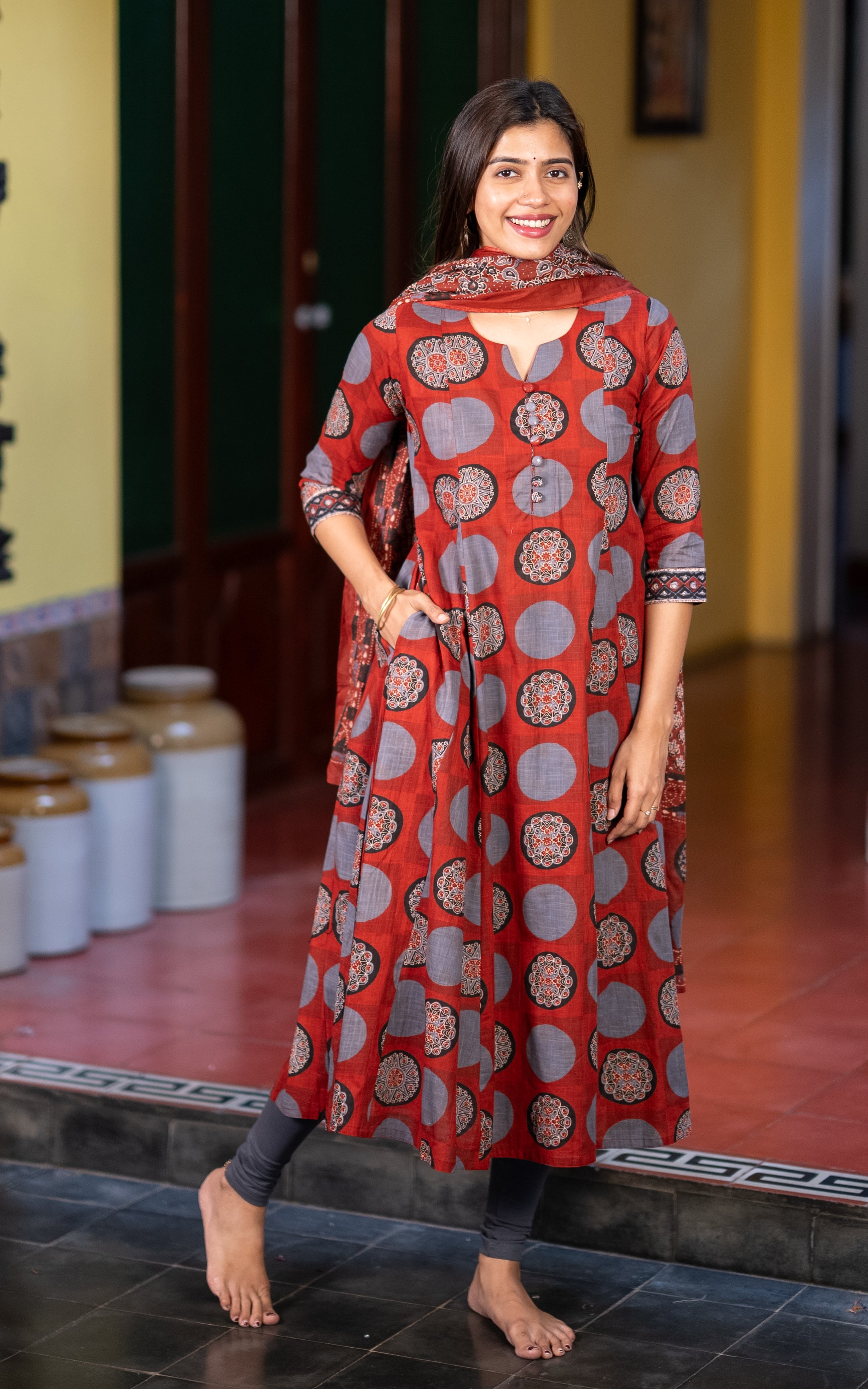 Maroon Cotton Office Wear Anarkali Kurti with Dupatta for Women