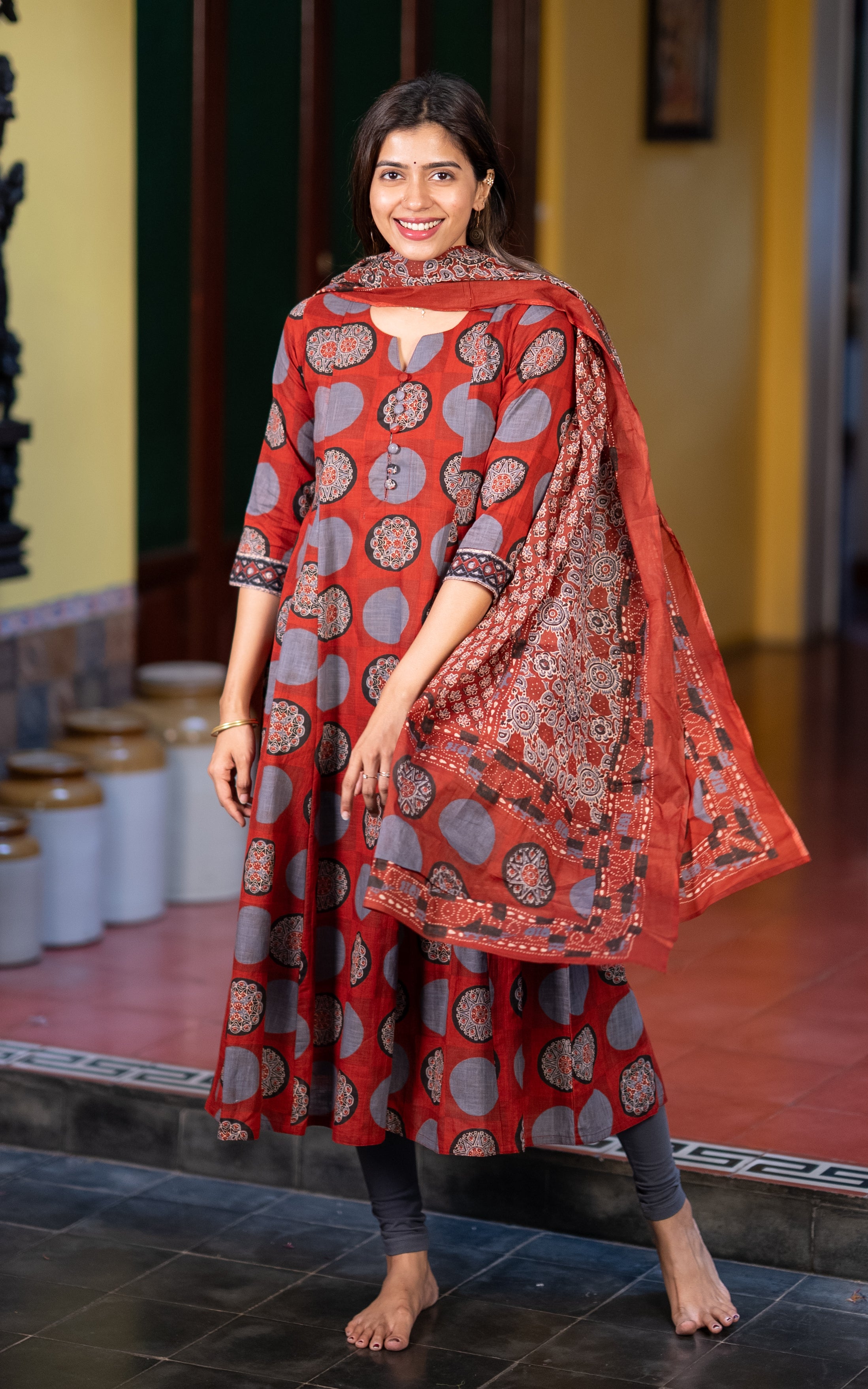 Maroon Cotton Casual Wear Anarkali Kurti with Dupatta for Women
