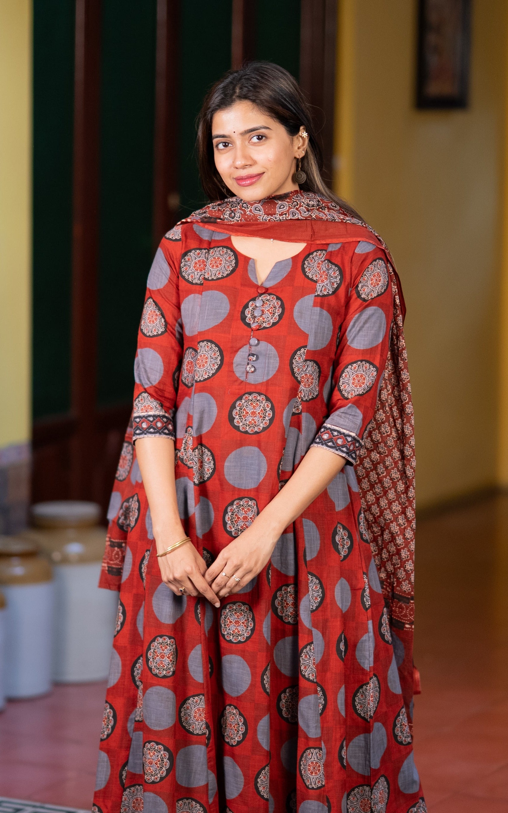 Maroon Cotton Daily Wear Anarkali Kurti with Dupatta for Women