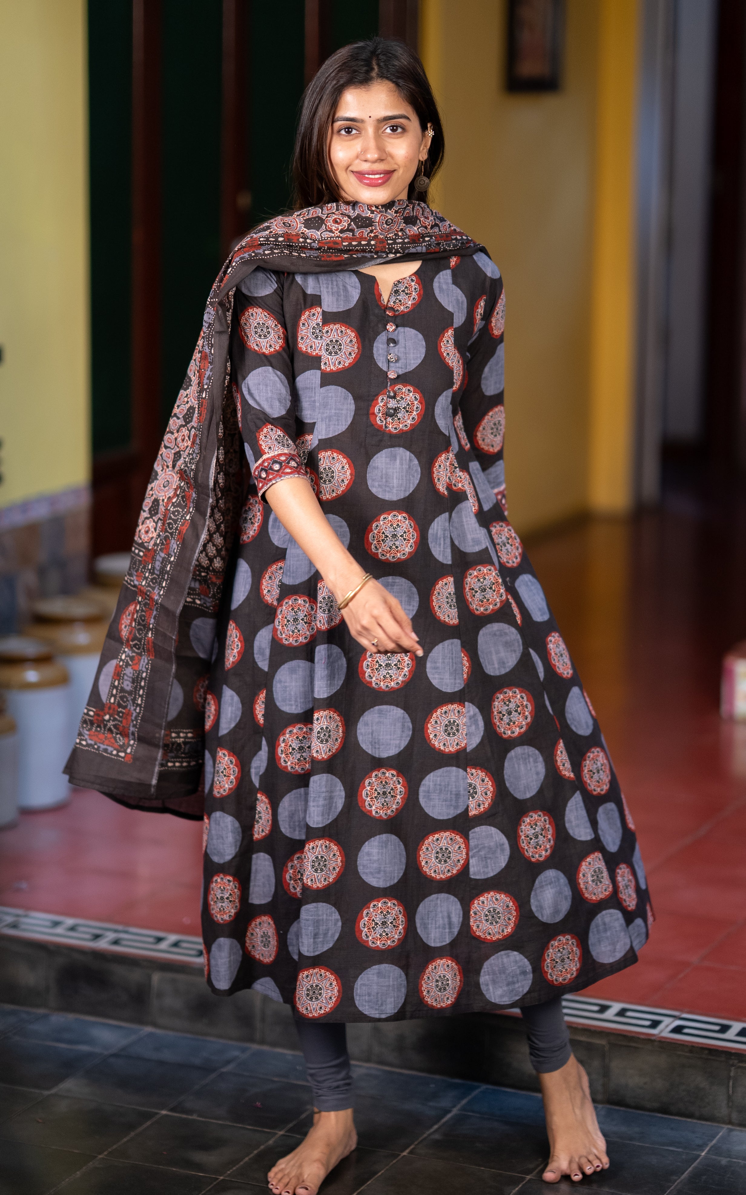 Black Cotton Daily Wear Anarkali Kurti with Dupatta for Women