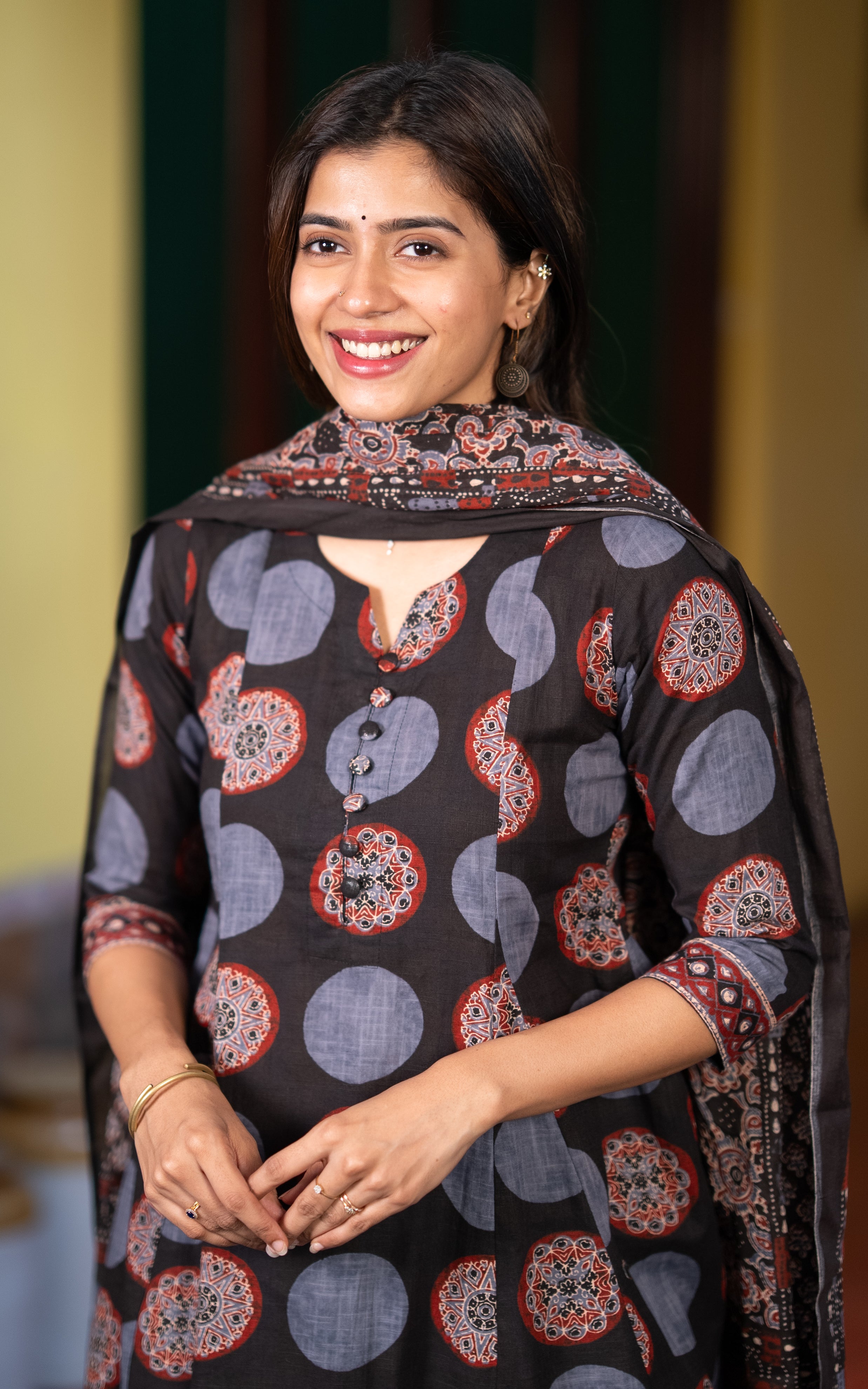 Black Cotton Casual Wear Anarkali Kurti with Dupatta for Women