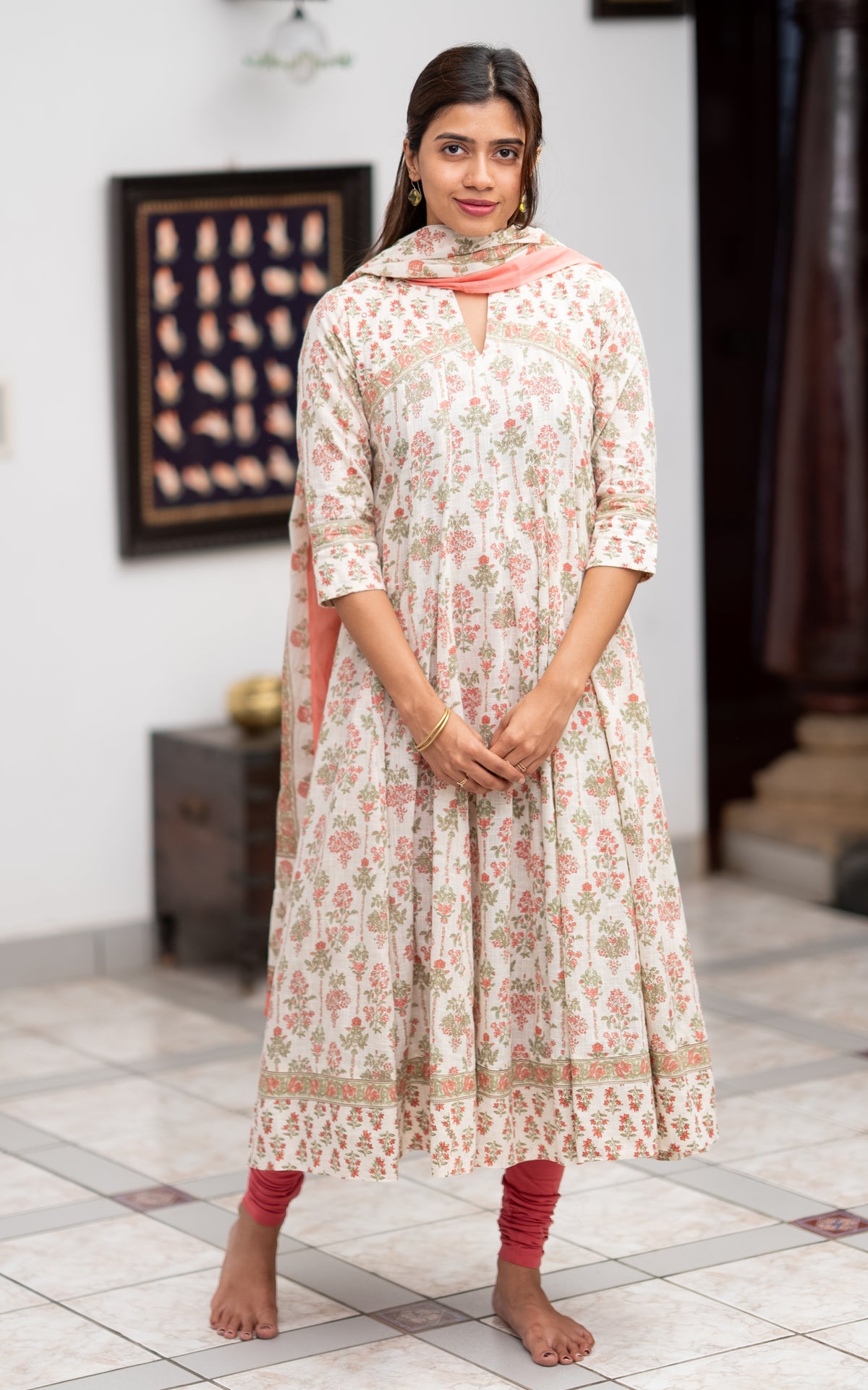 Off White & Peach Cotton Office Wear Anarkali Kurti with Dupatta for Women