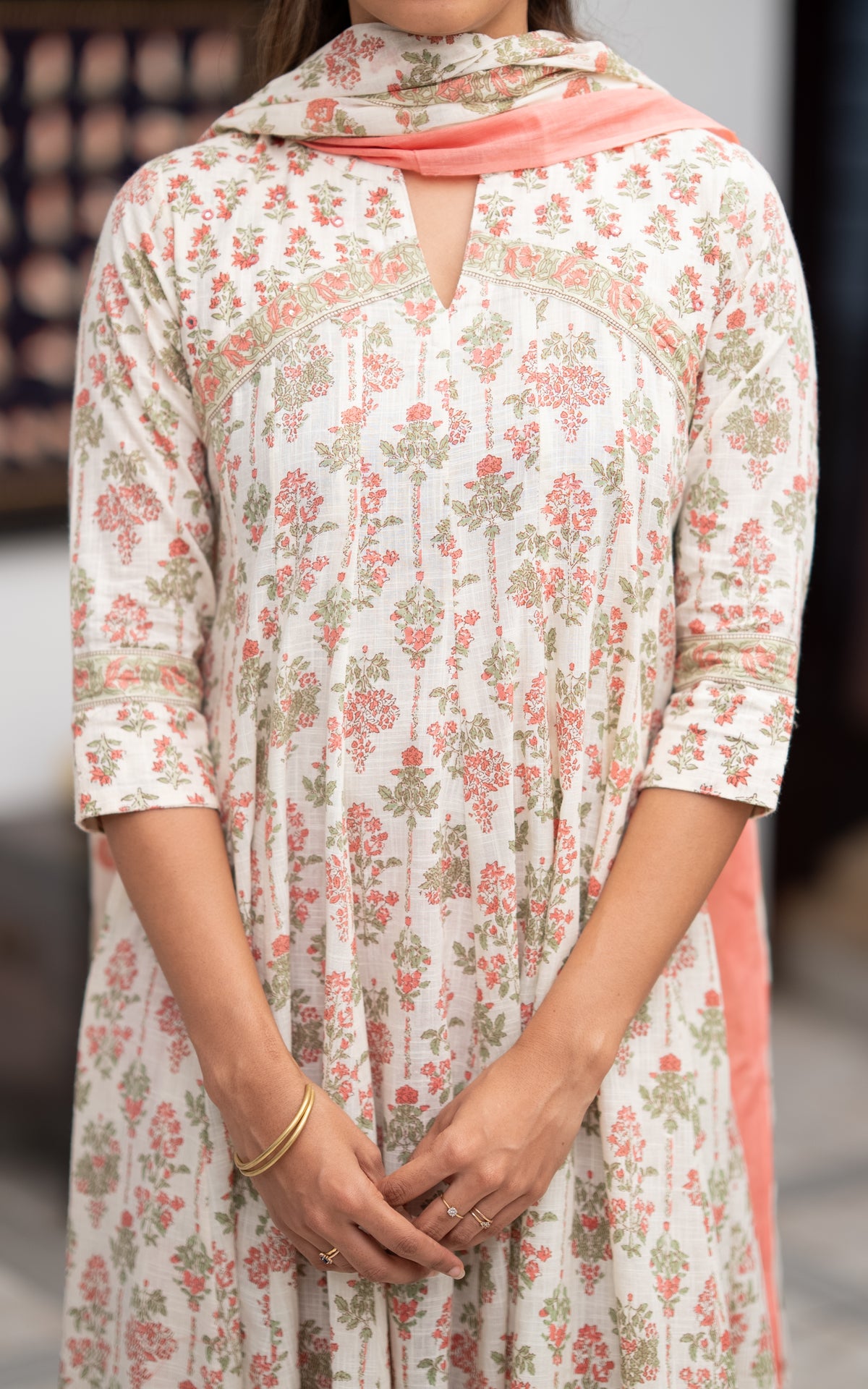 Off White & Peach Cotton Ethnic Wear Anarkali Kurti with Dupatta for Women