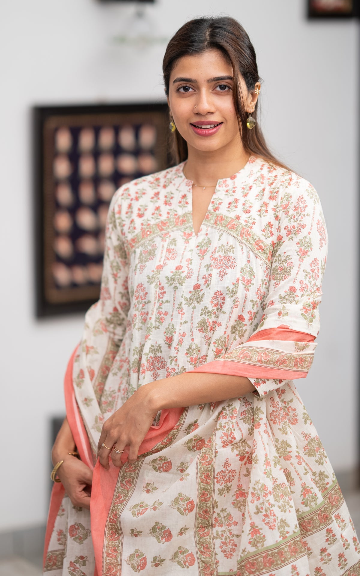 Off White & Peach Cotton Daily Wear Anarkali Kurti with Dupatta for Women