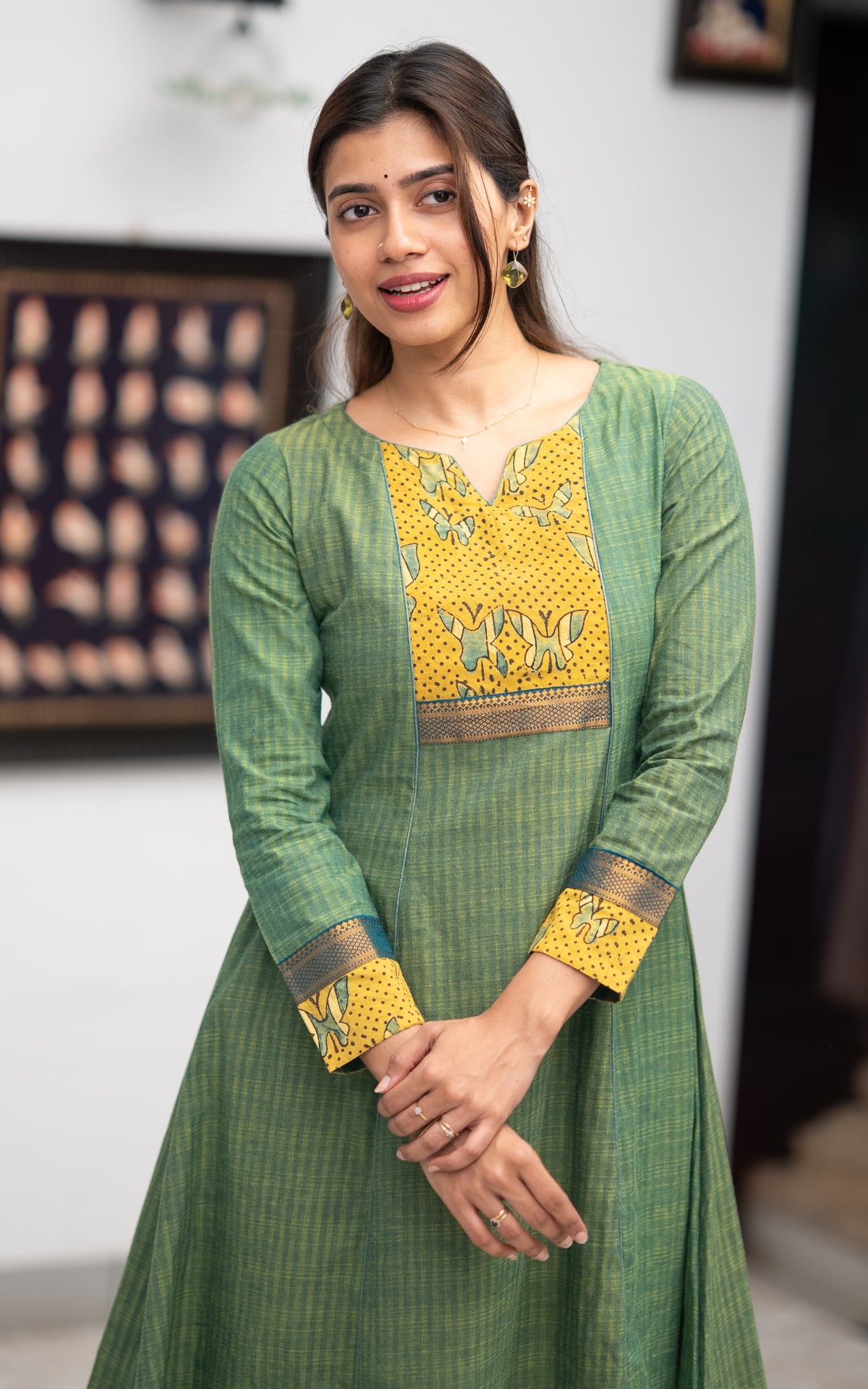 Green Cotton Elegant Anarkali Kurti for Women