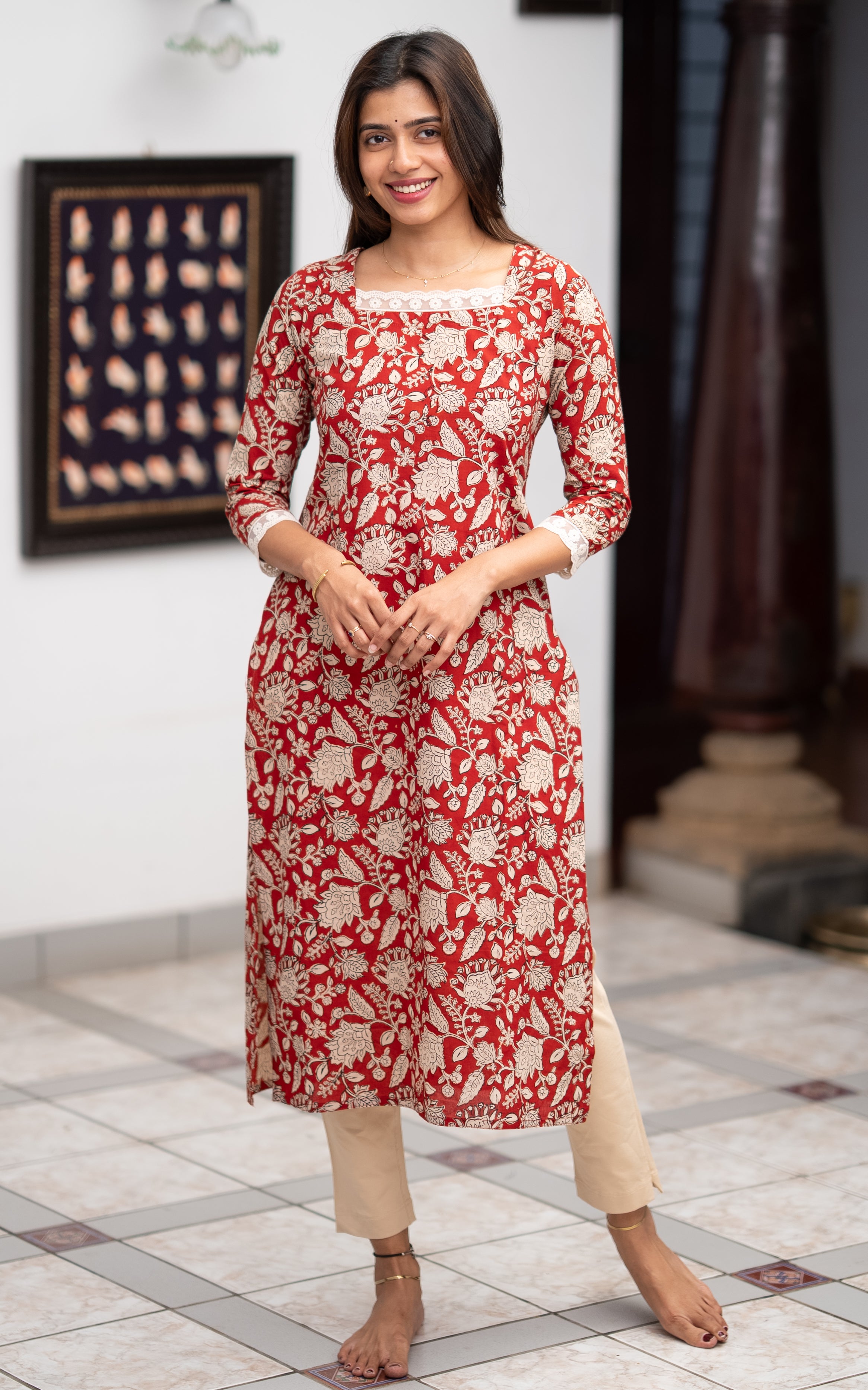 Maroon Cotton Straight Cut Kurti for Women