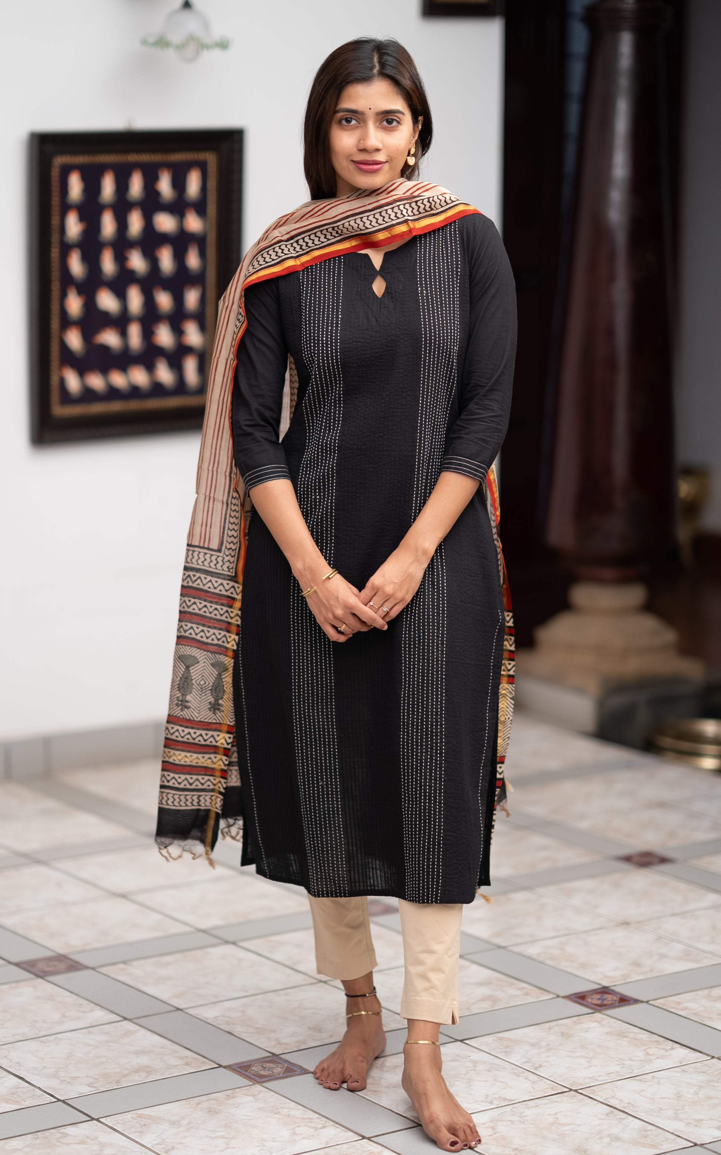 Black Cotton Kurti with Dupatta for Women