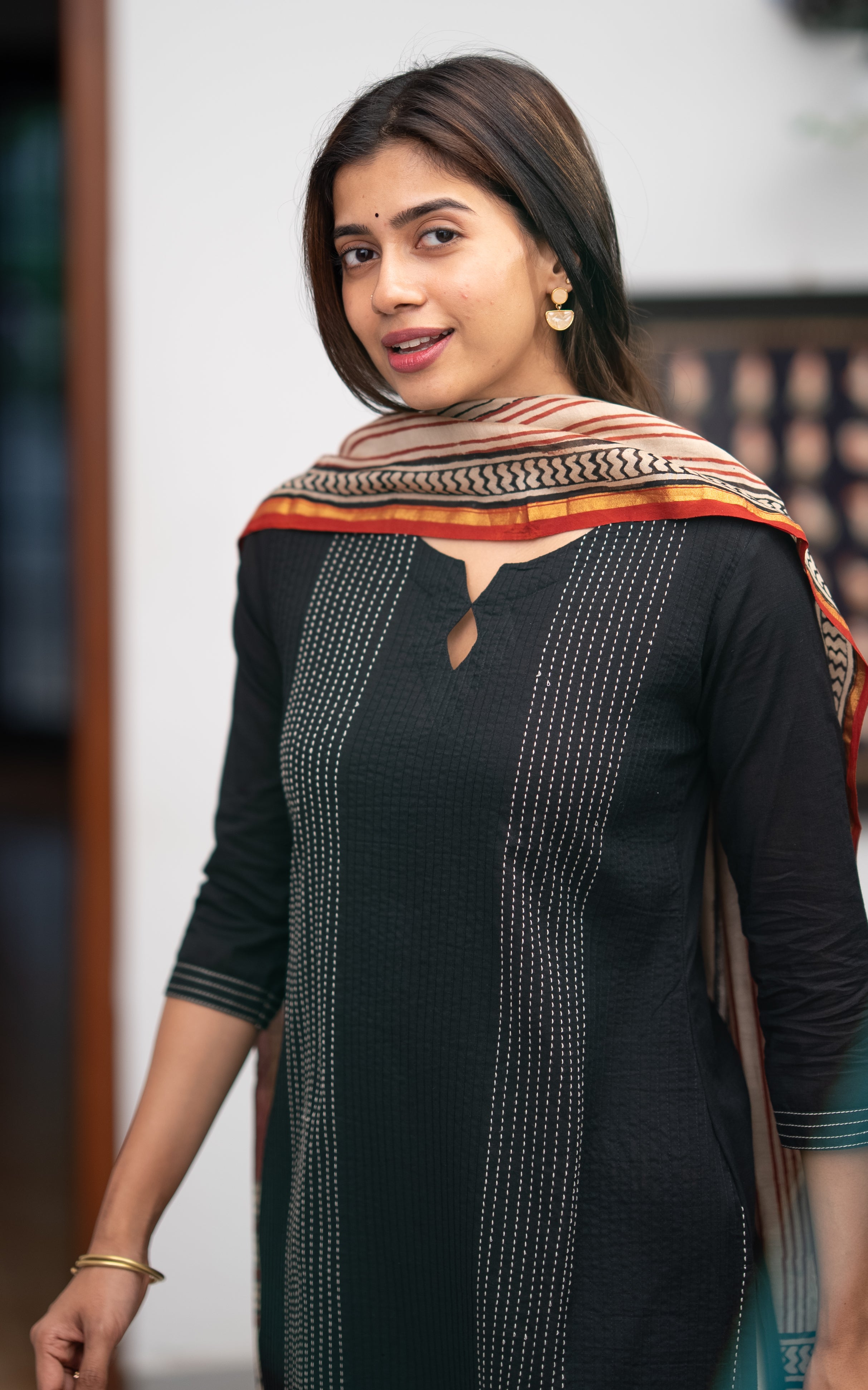 Black Cotton Casual Wear Kurti with Dupatta for Women