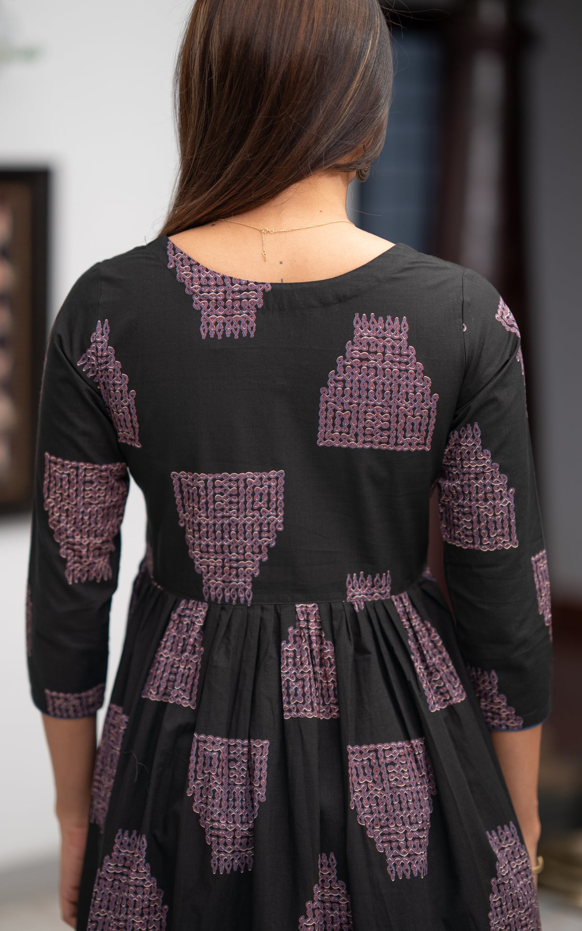 Black Cotton Flared Kurti with Looped Rangoli Line Print for Women