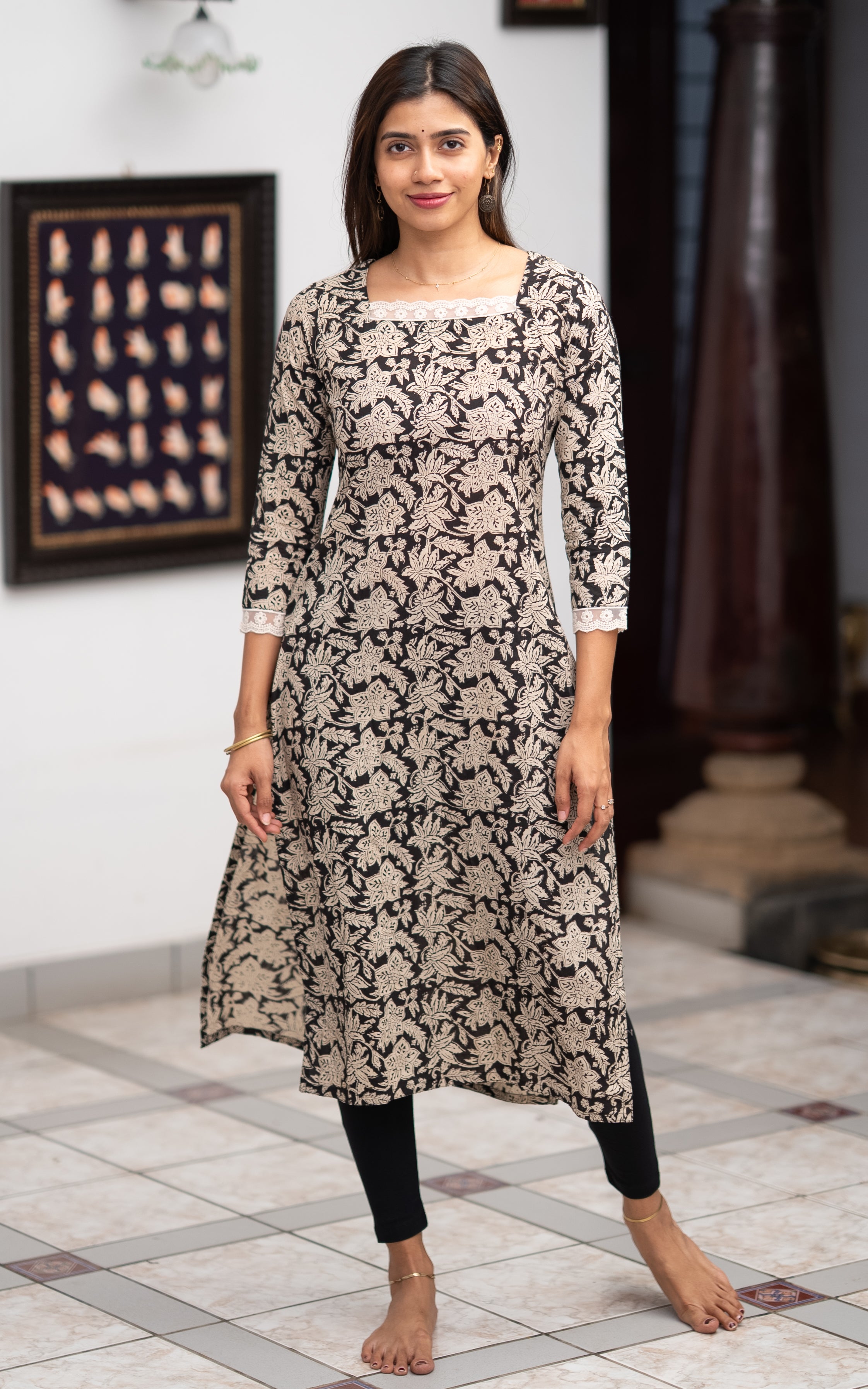 Black Cotton Straight Cut Kurti for Women