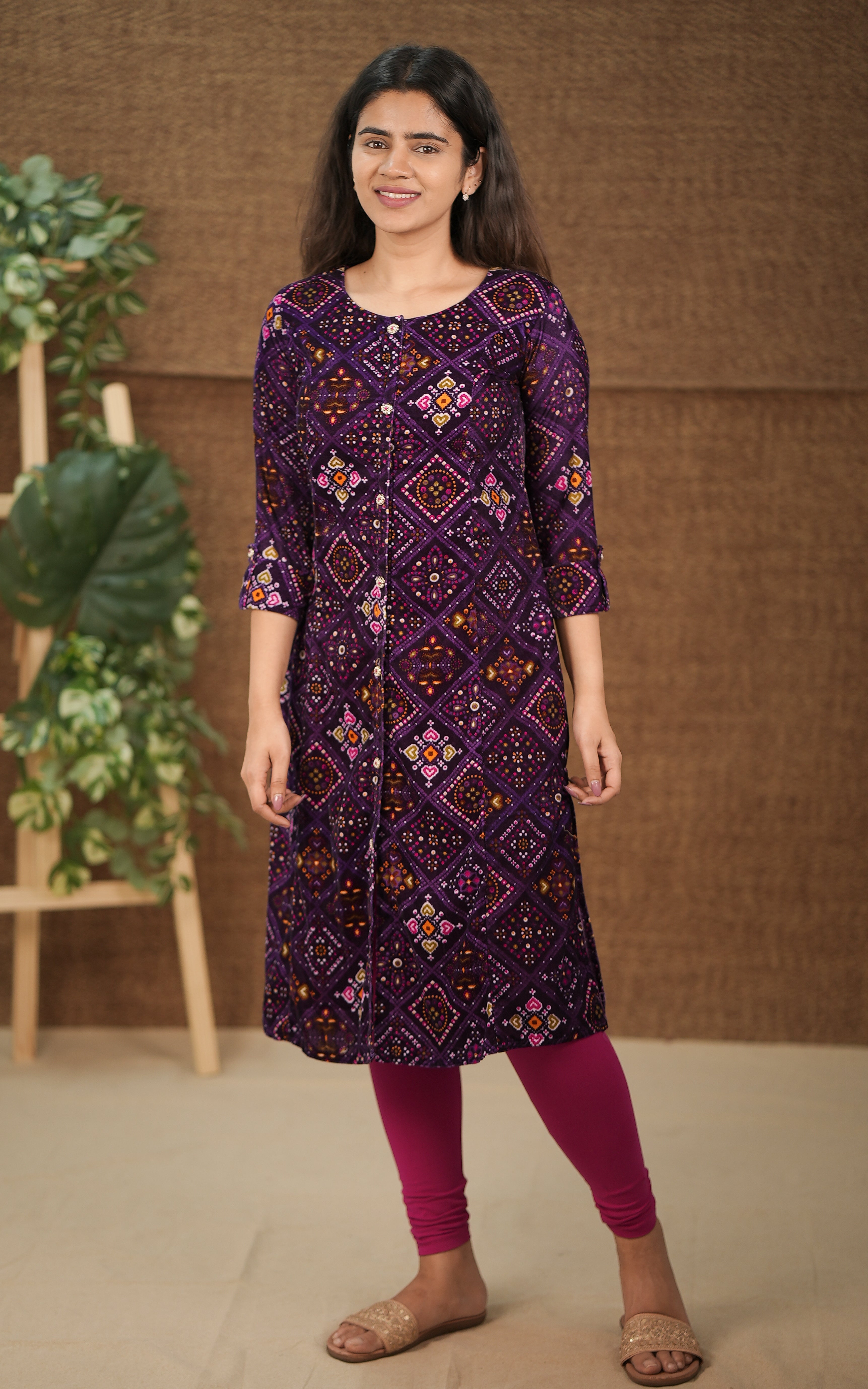 instore subiksha dark purple velvet aline kurti with side slit for festival wear