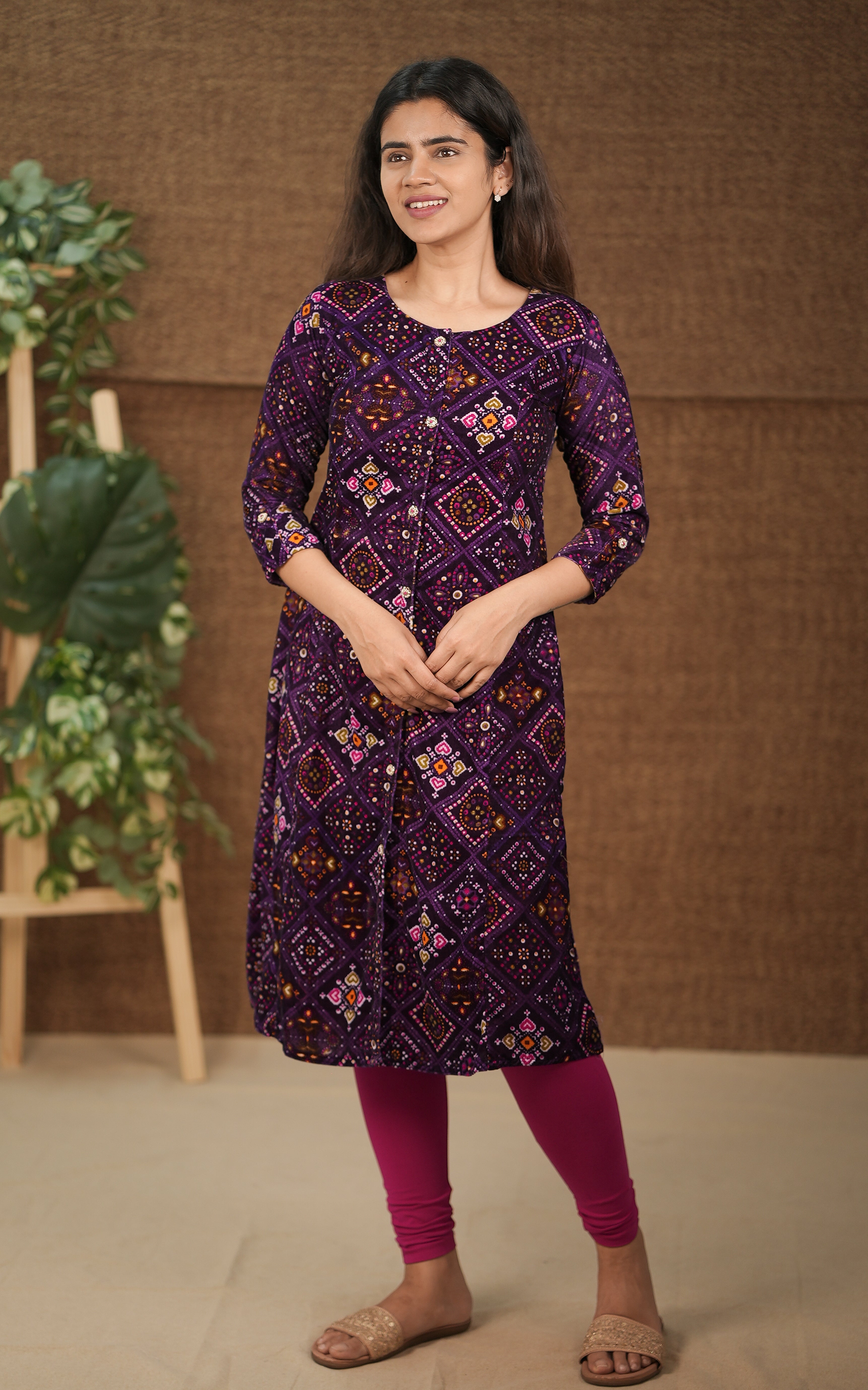instore premium velvet side slitted aline kurti for women 3/4th sleeve daily wear and office wear for women