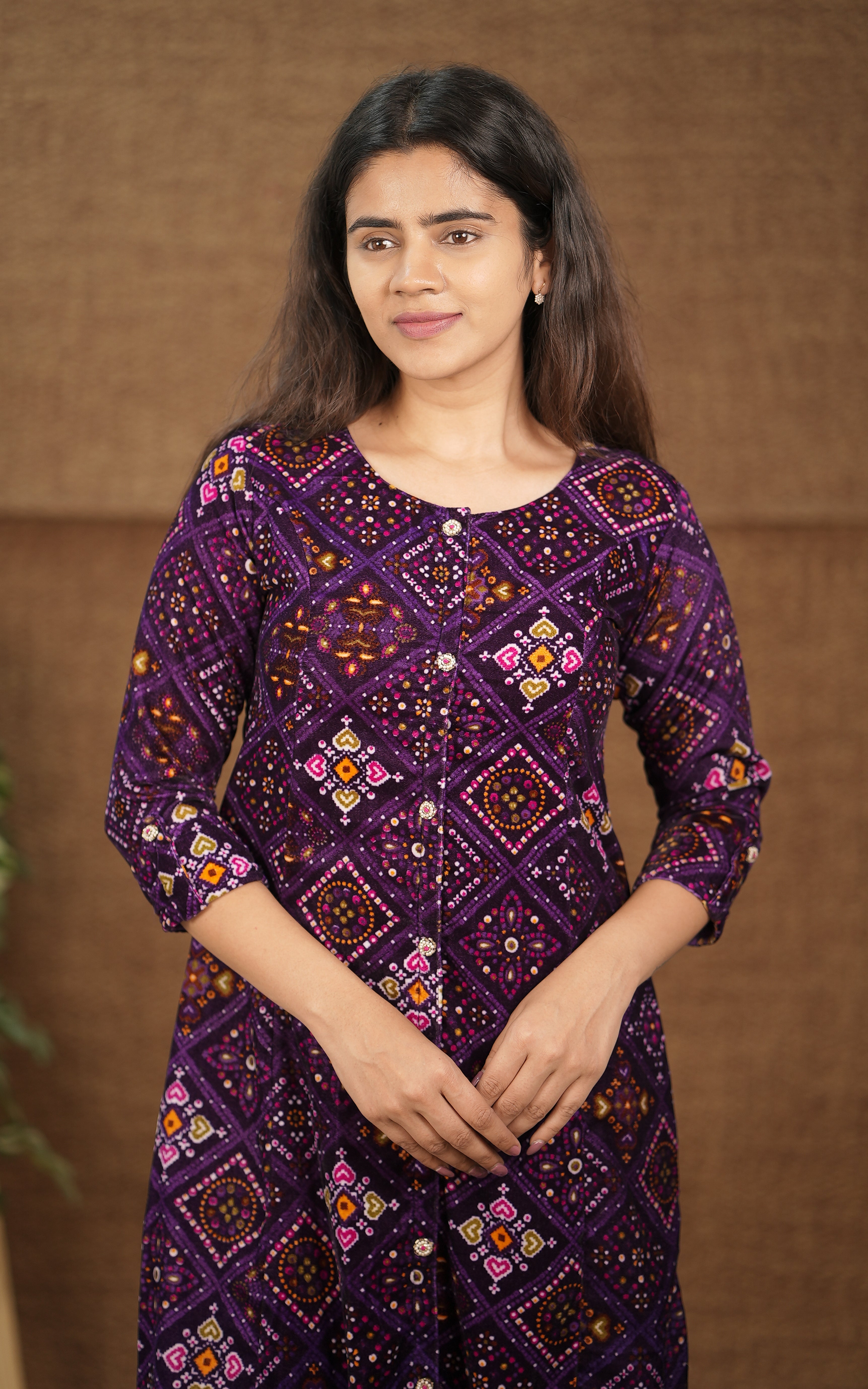 dark purple women velvet kurti for daily wear & office wear with 3/4th sleeve by instore