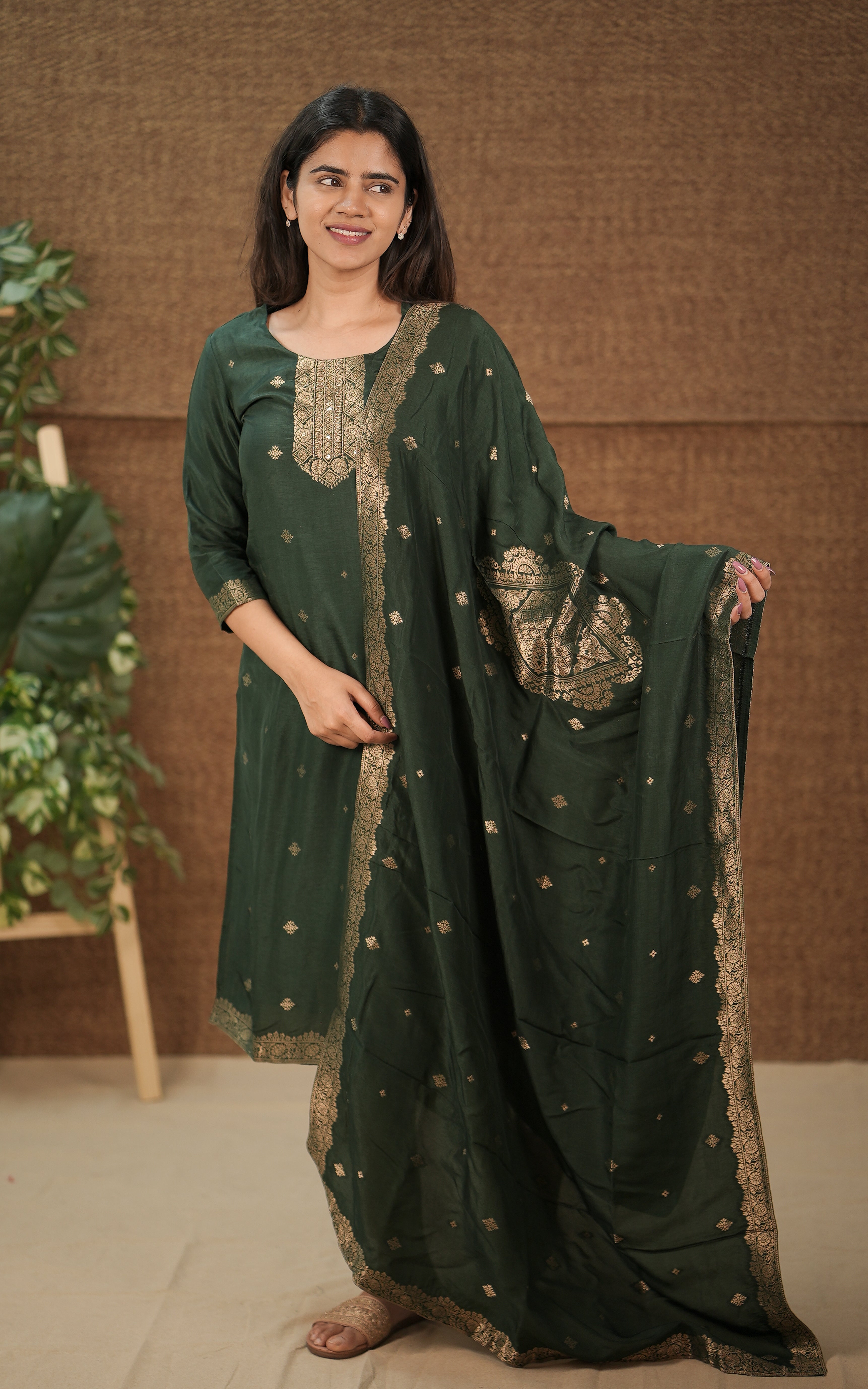 in store bottle green kurti for women with 3/4th sleeve | kurti with art work | chanderi dupatta | royal look kurti for special occasions | 