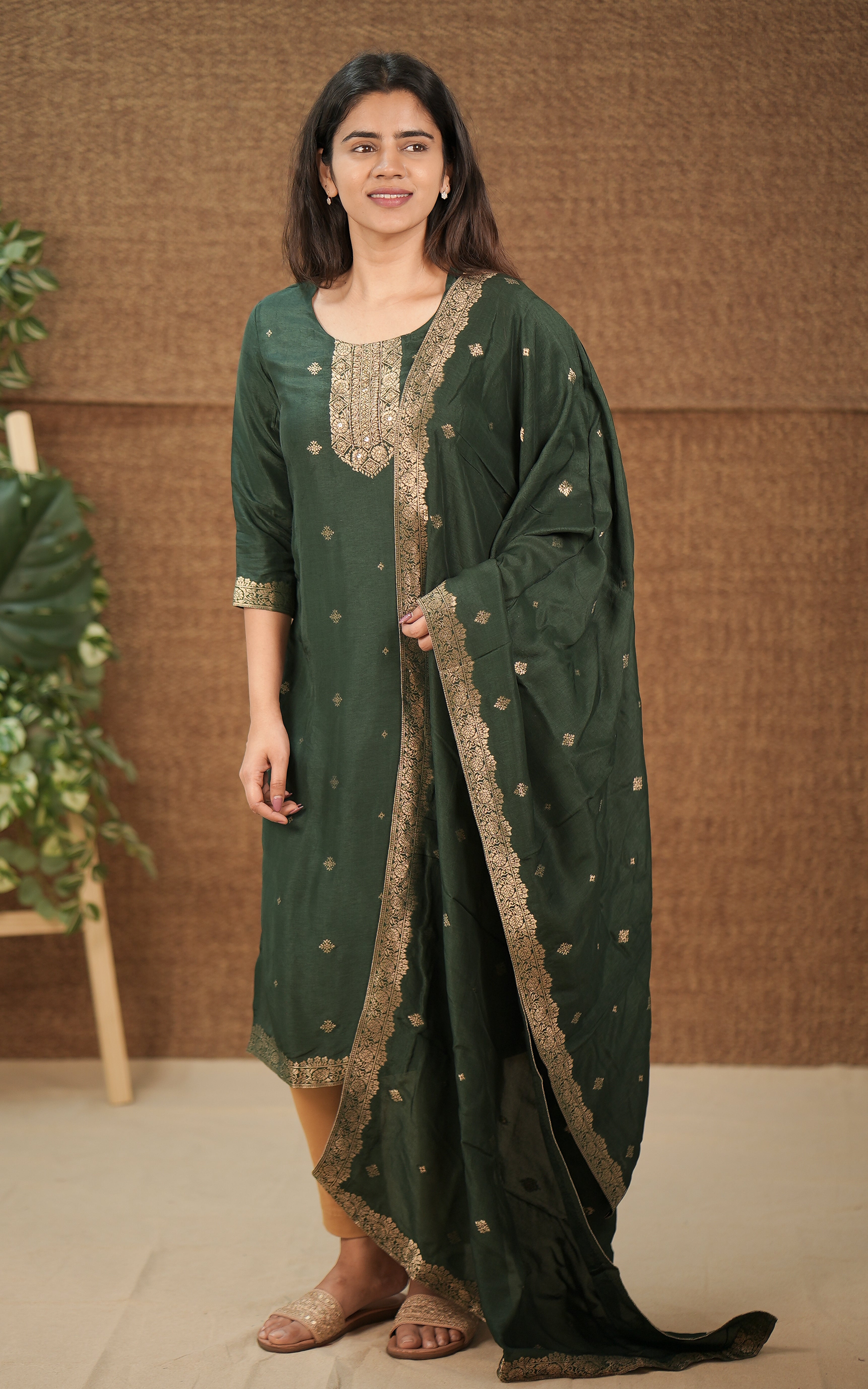 in store bottle green kurti gold embroidery office wear | college wear | special occasion | 3/4th sleeve kurti 