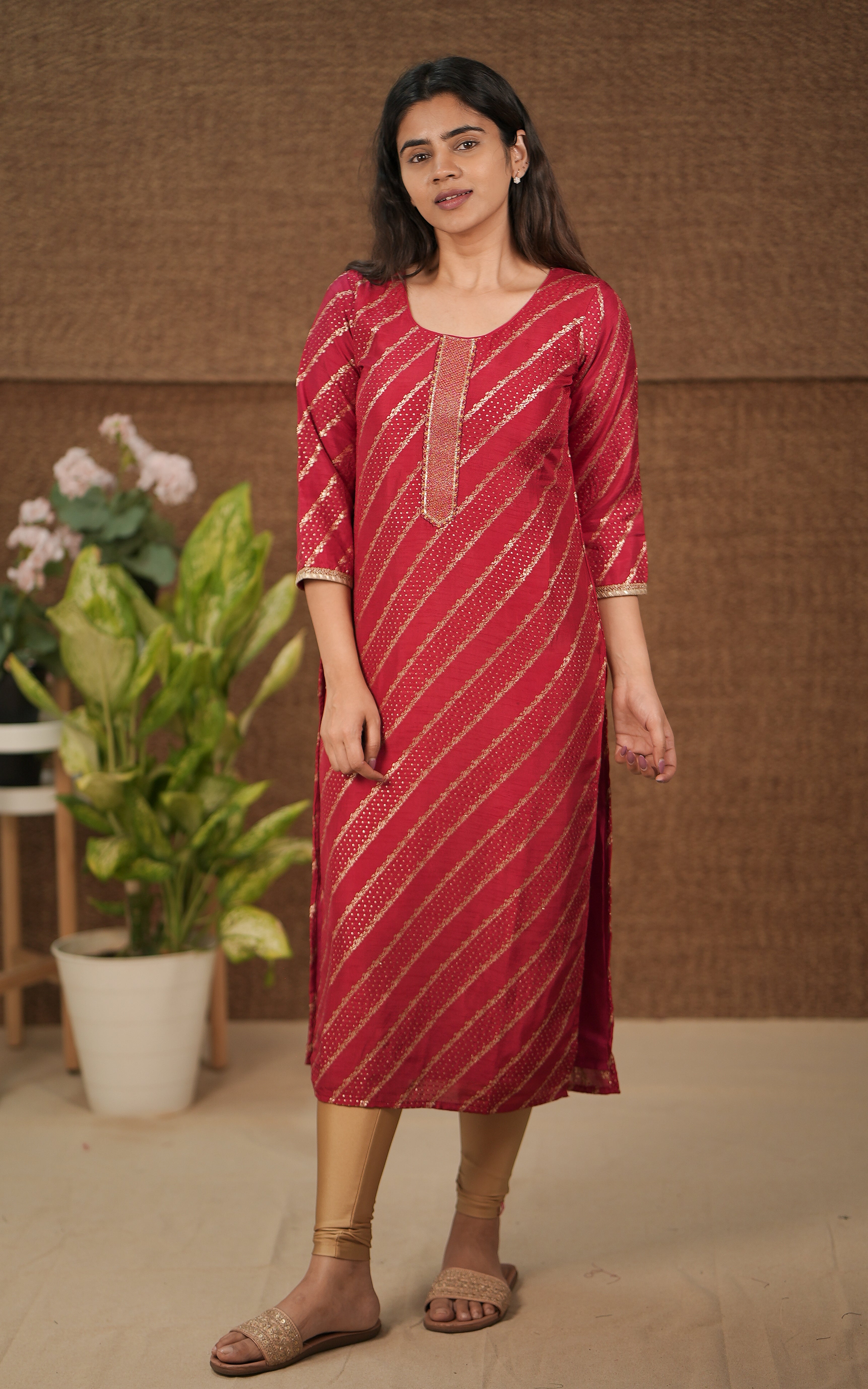 instore office wear for women  art chanderi straight cut kurti with side slit maroon color kurti