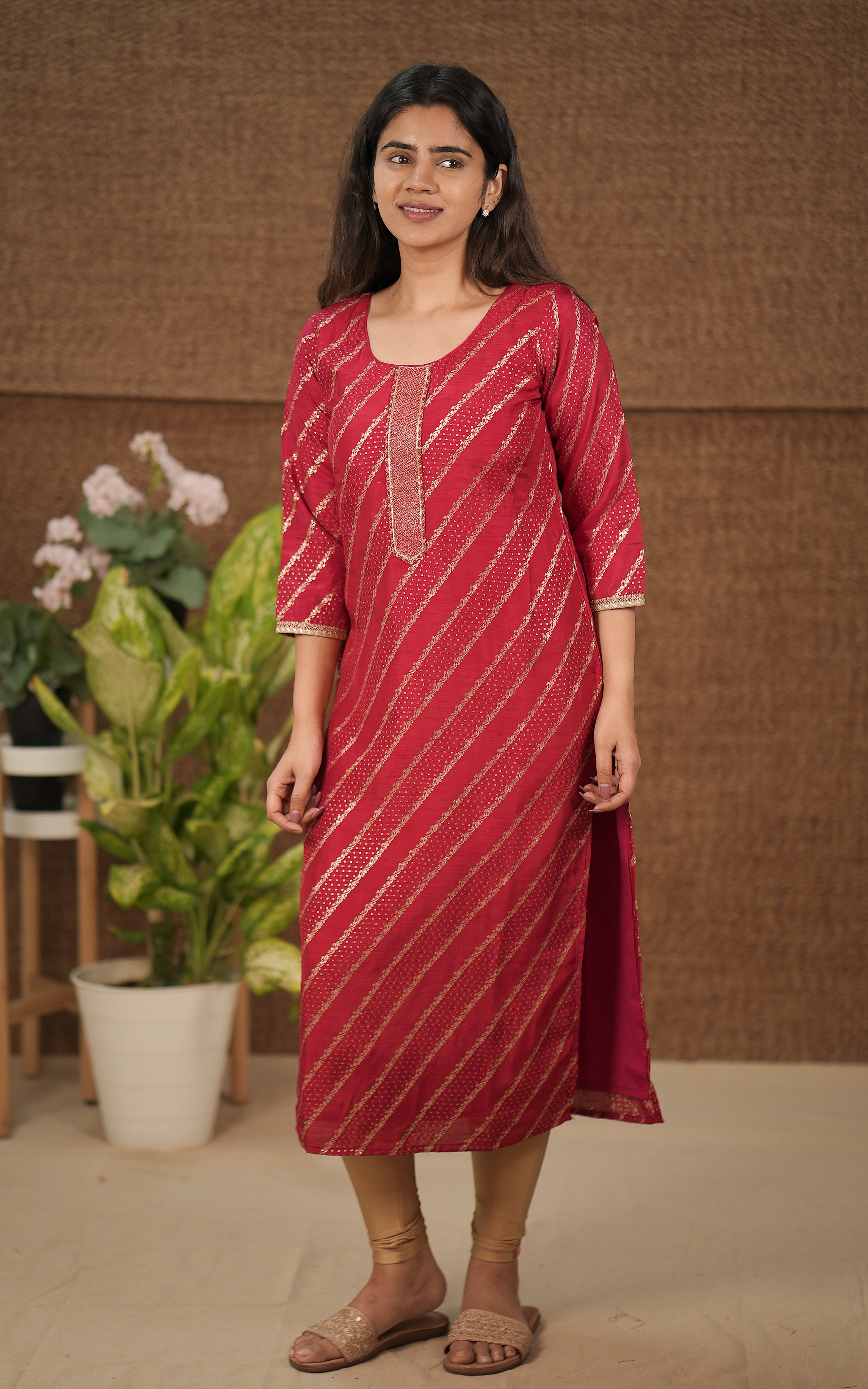 instore kurti anupama  art chanderi straight cut kurti with side slit maroon color kurti
