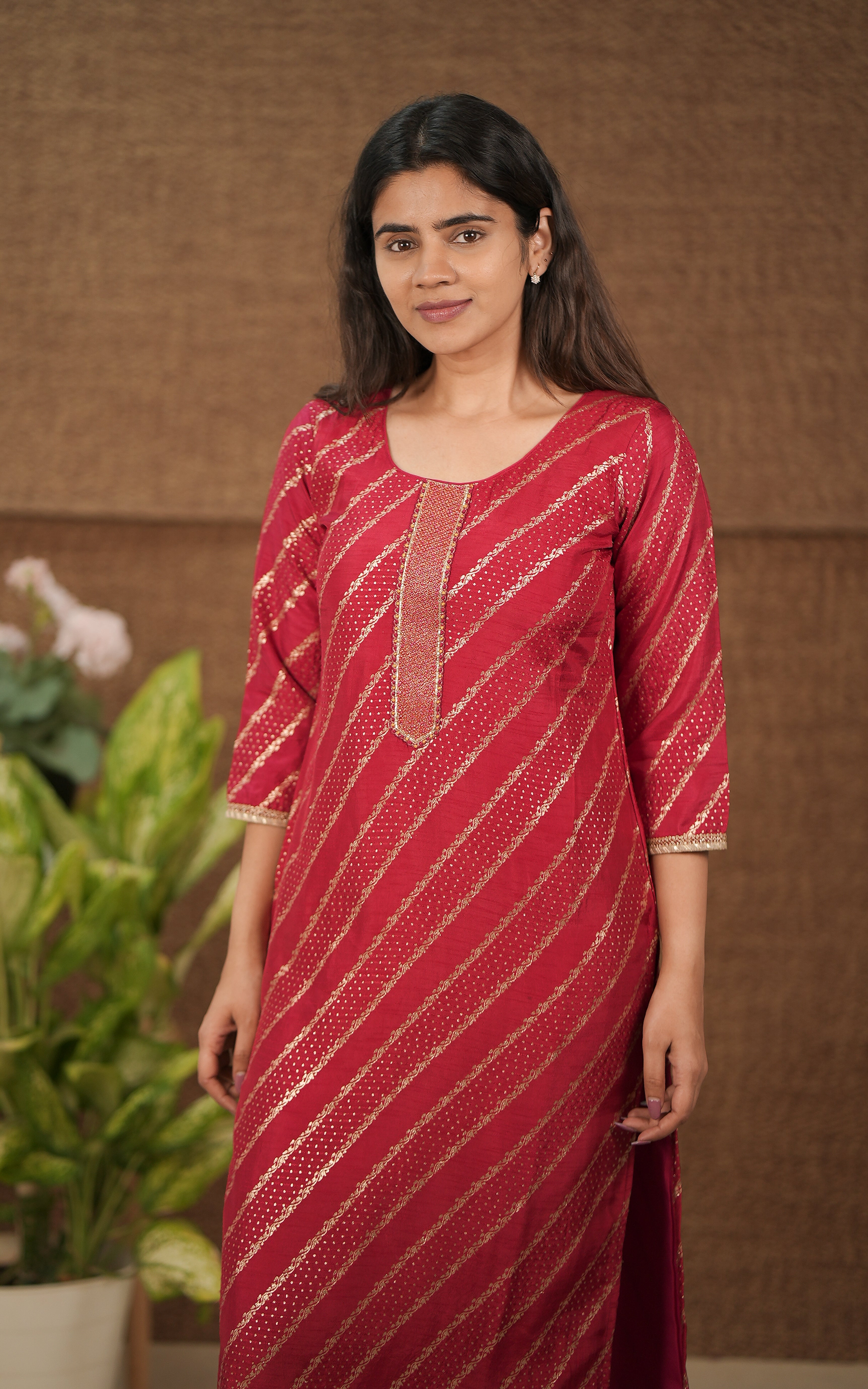 instore collefe wear for women  art chanderi straight cut kurti with side slit maroon color kurti