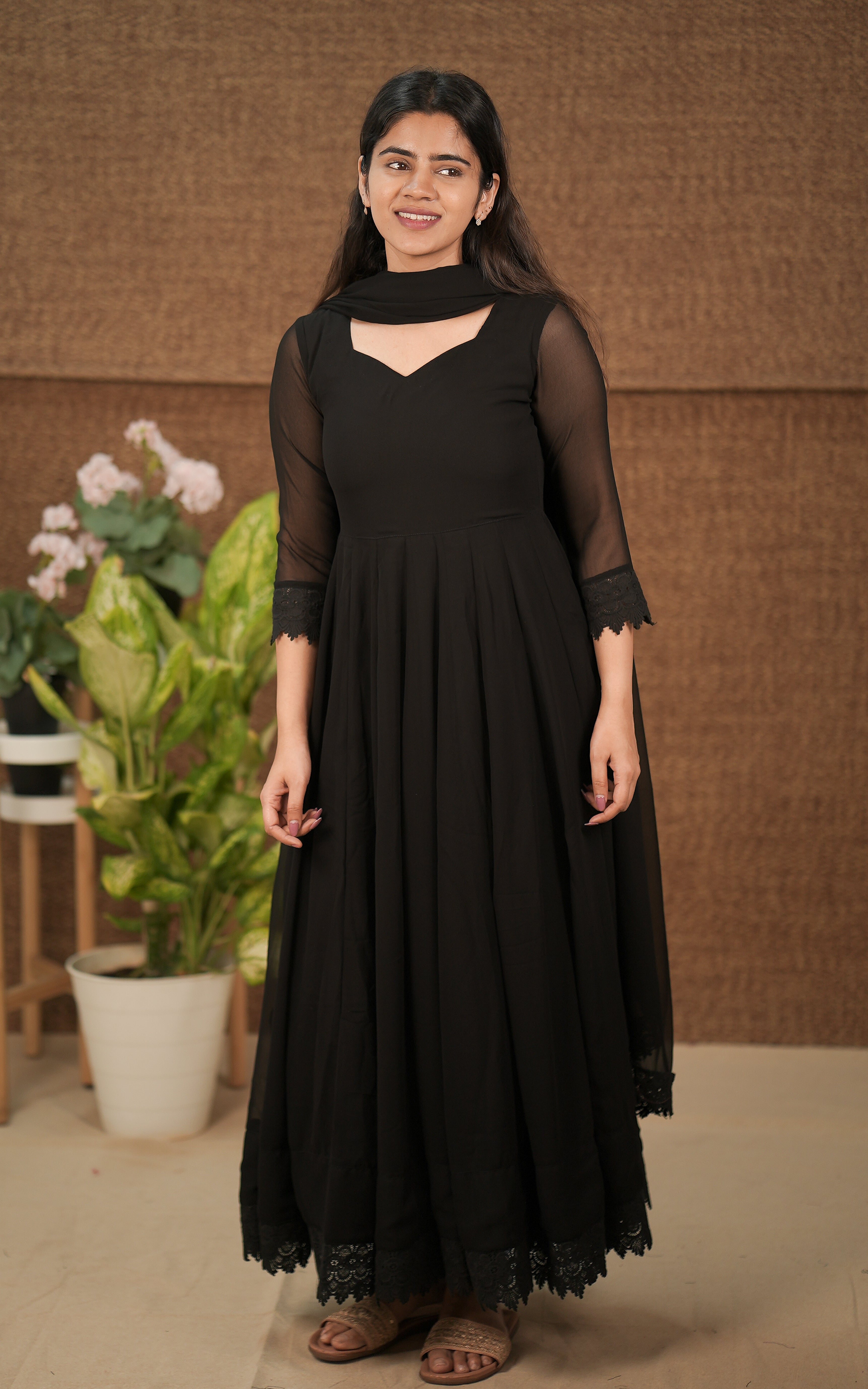 instore kurti melodic black (kurti+dupatta) georgette with butter crepe lining full flared anarkali with crochet lace border color: black