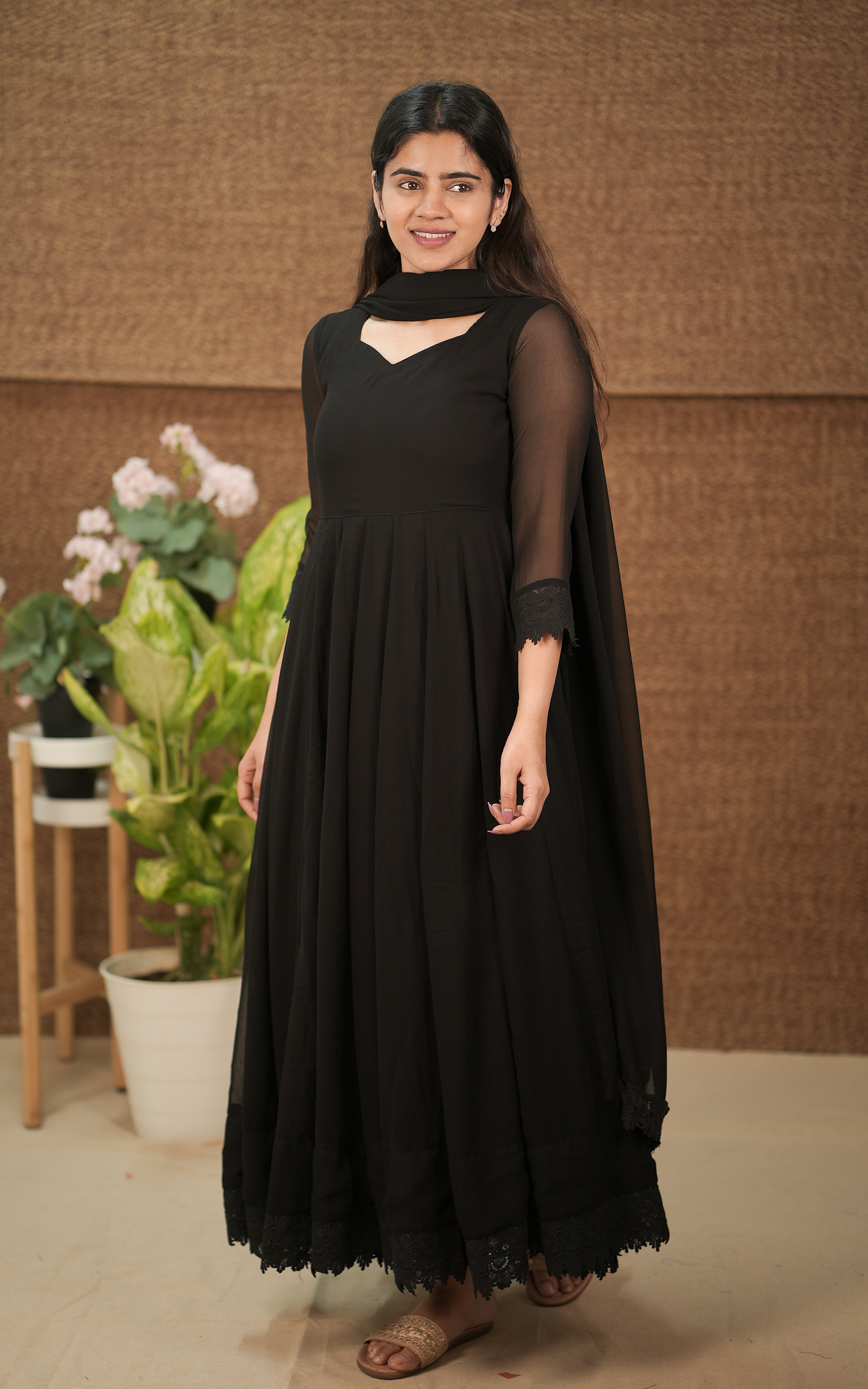 instore kurti set georgette with butter crepe lining full flared anarkali with crochet lace border color: black