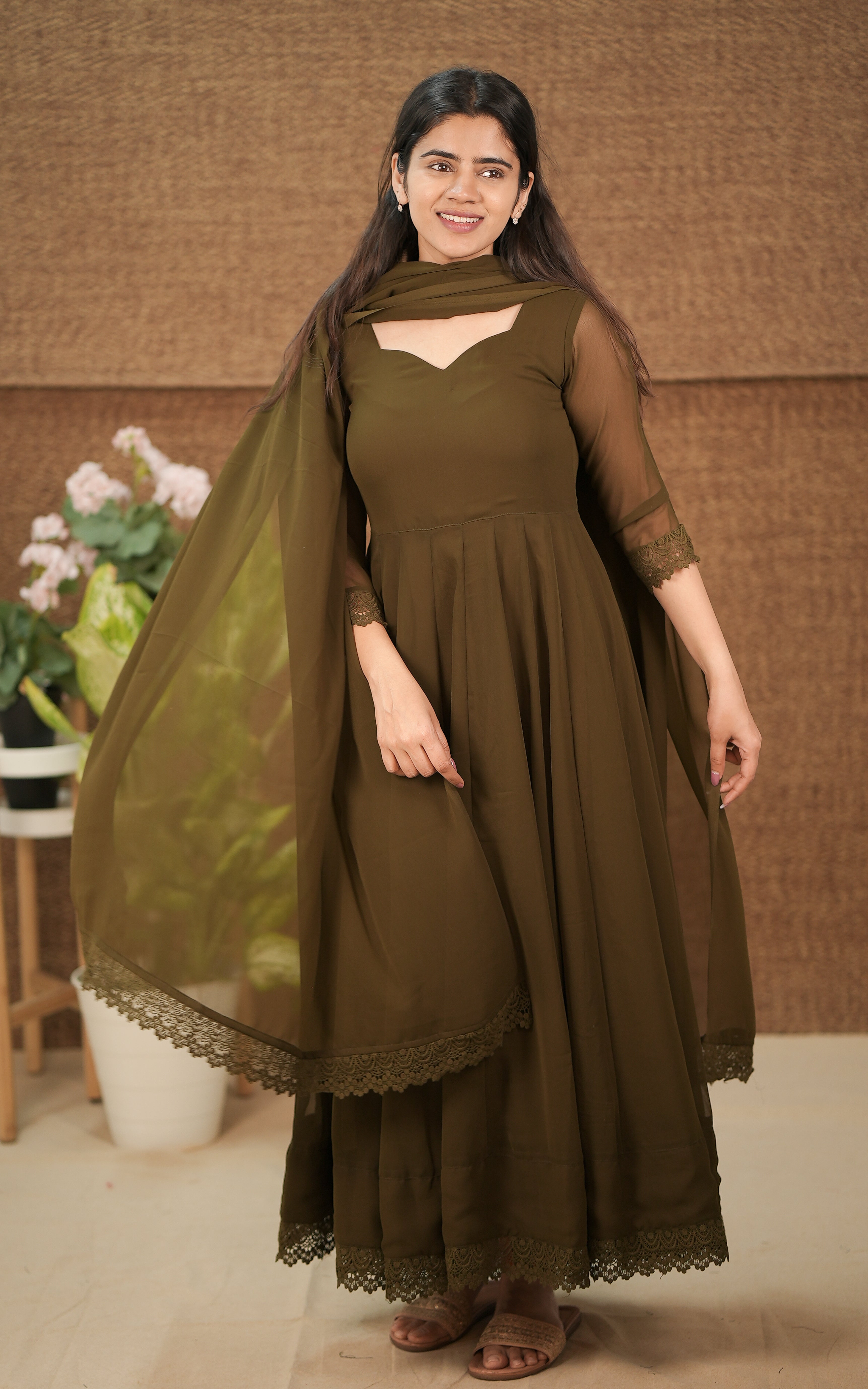 in store georgette with butter crepe lining full flared anarkali with crochet lace border color: dark olive green 