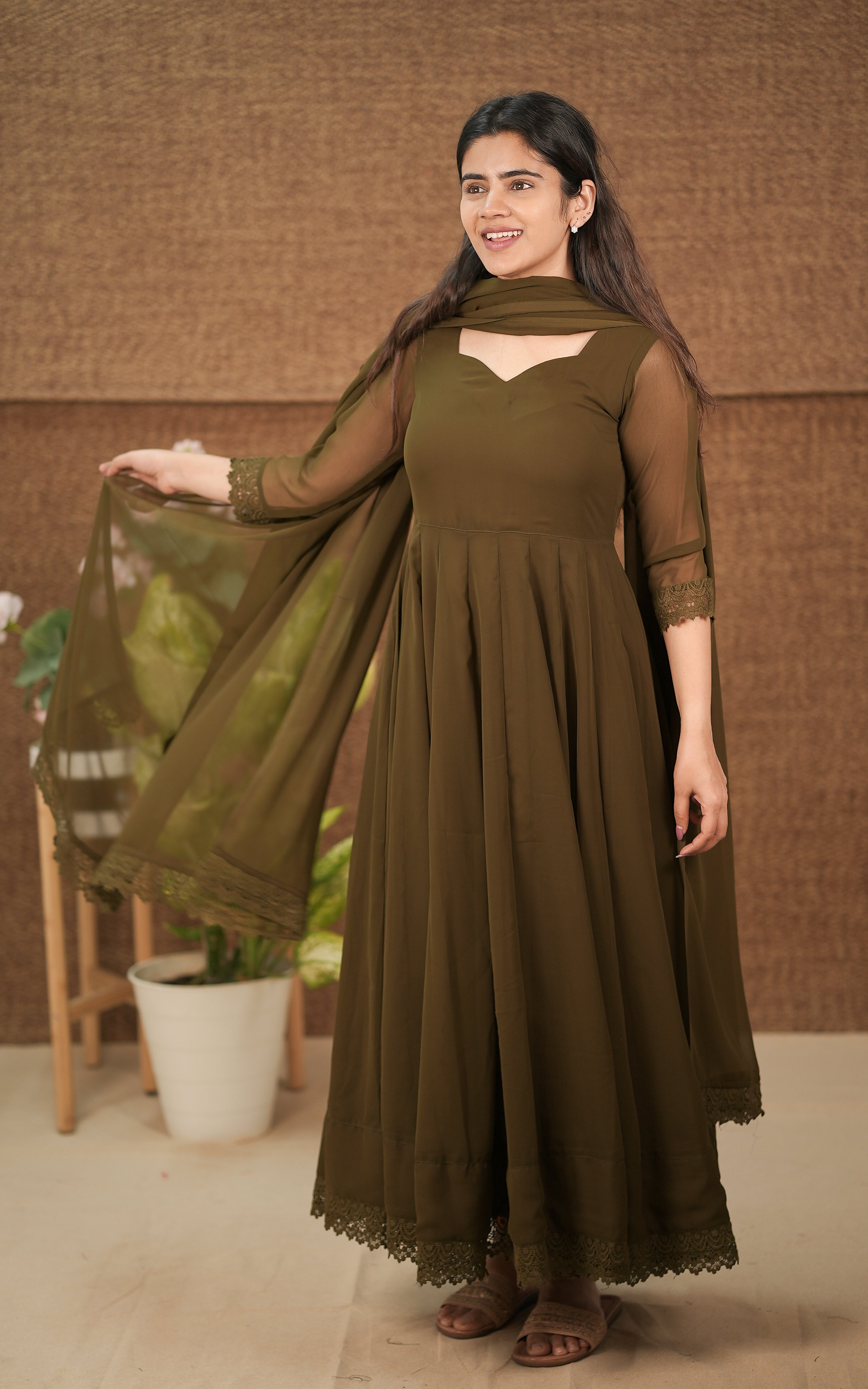 instore kurti set georgette with butter crepe lining full flared anarkali with crochet lace border color: dark olive green 
