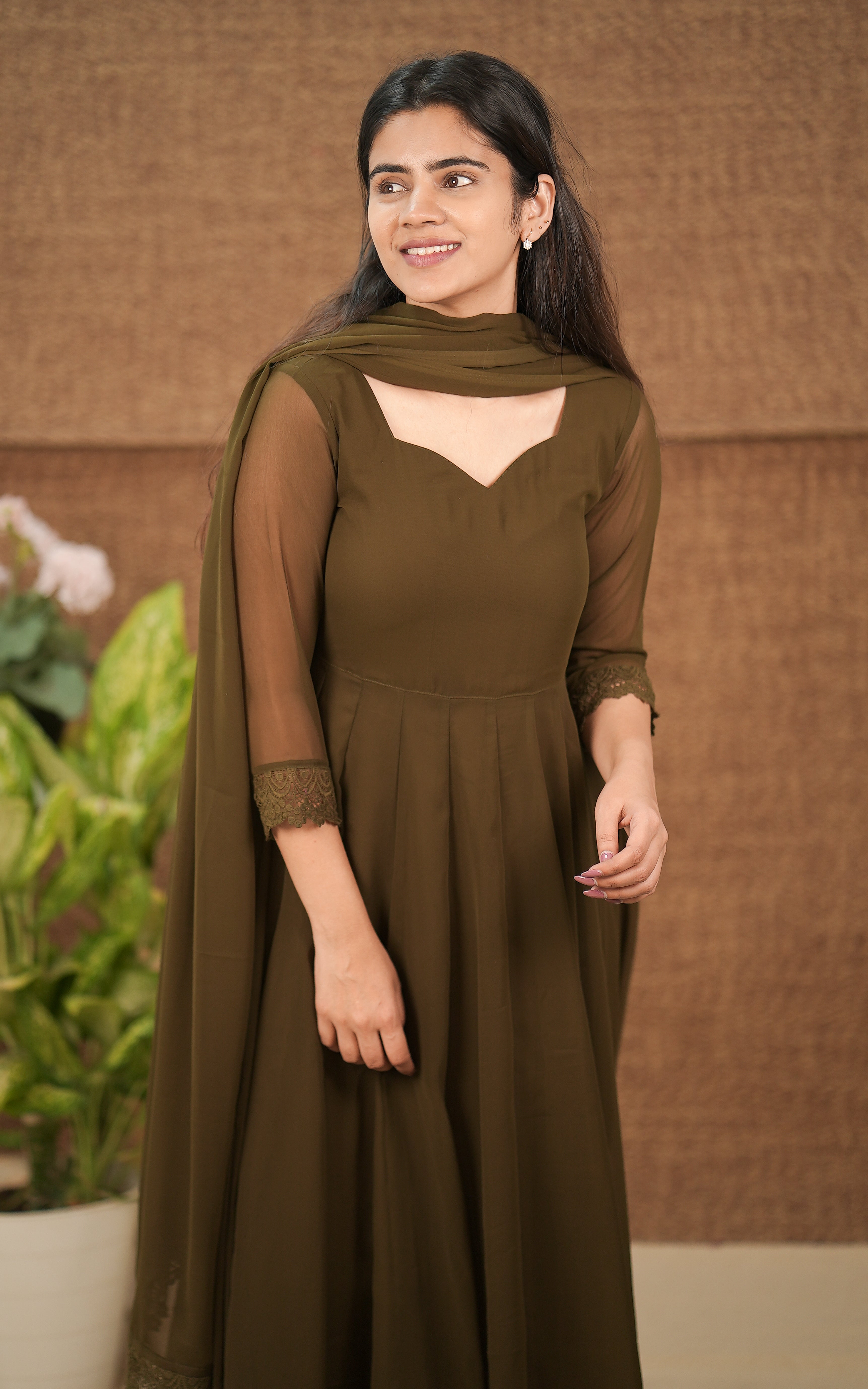 instore kurti melodic dark olive green (kurti+dupatta) georgette with butter crepe lining full flared anarkali with crochet lace border color: dark olive green 
