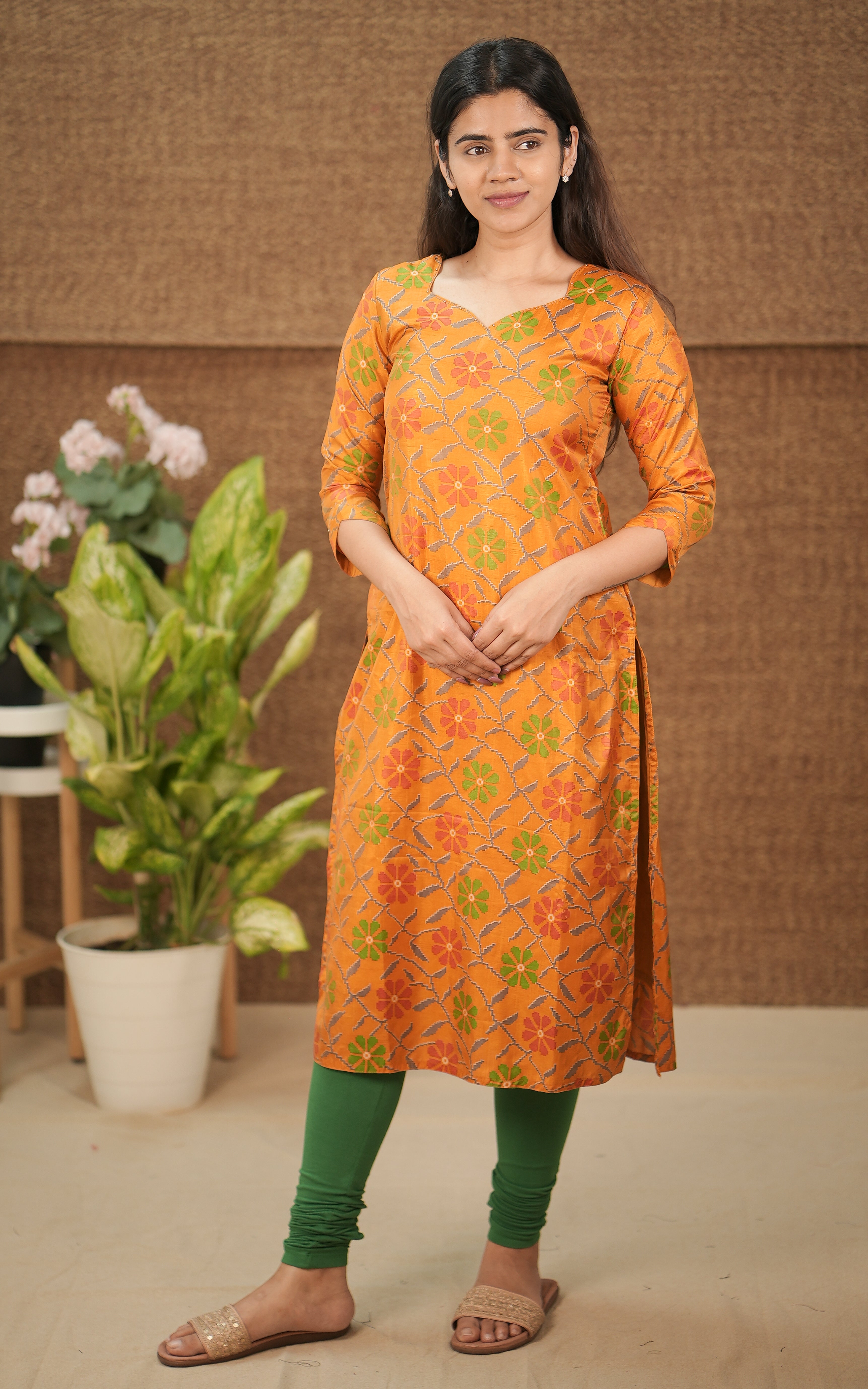 in-store mustard art silk stylish kurti with 3/4 th sleeve | office wear | college wear | daily wear | women | 