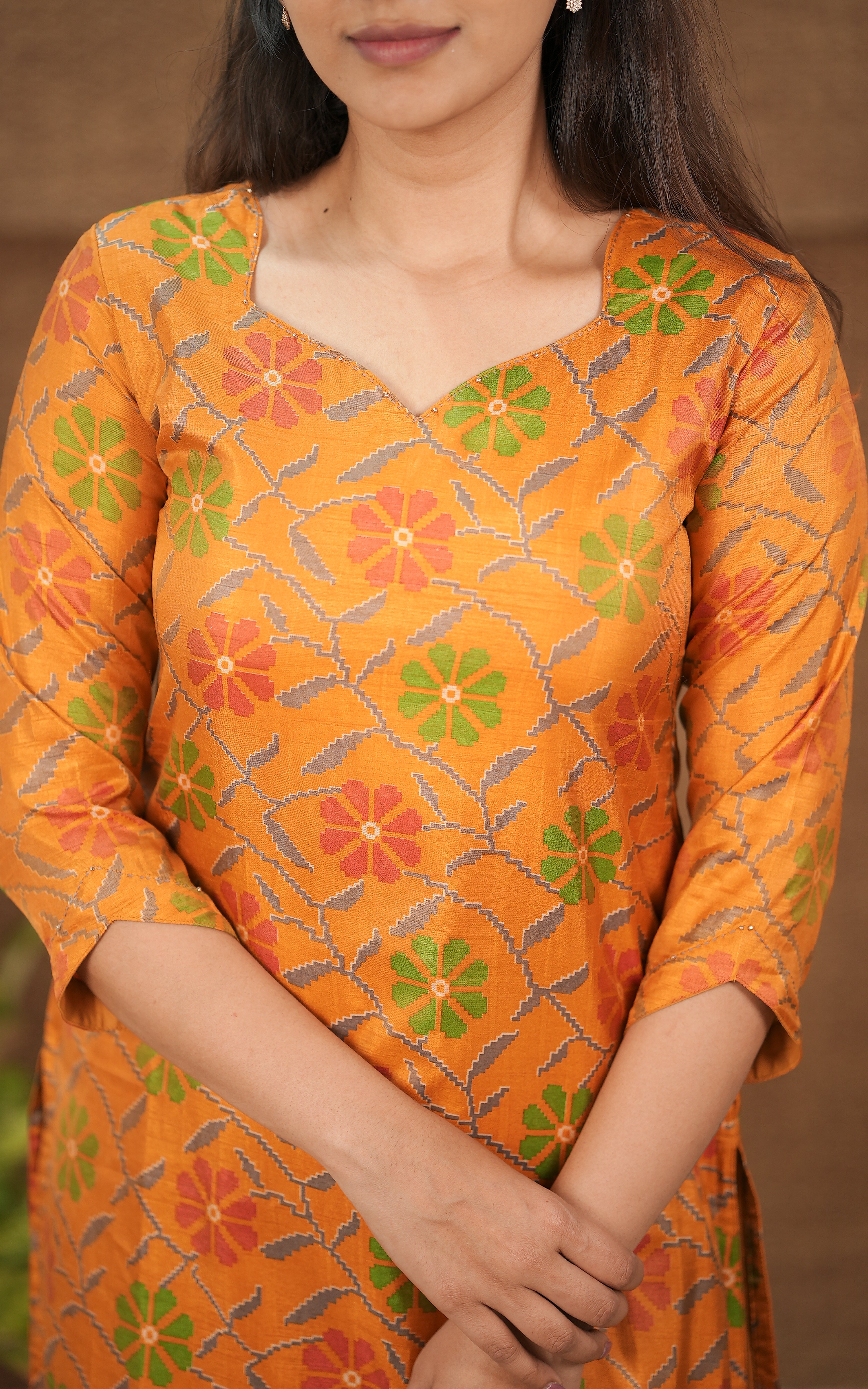 in store mustard sweetheart neck stylish kurti with 3/4 th sleeve | office wear | college wear | daily wear | women | 