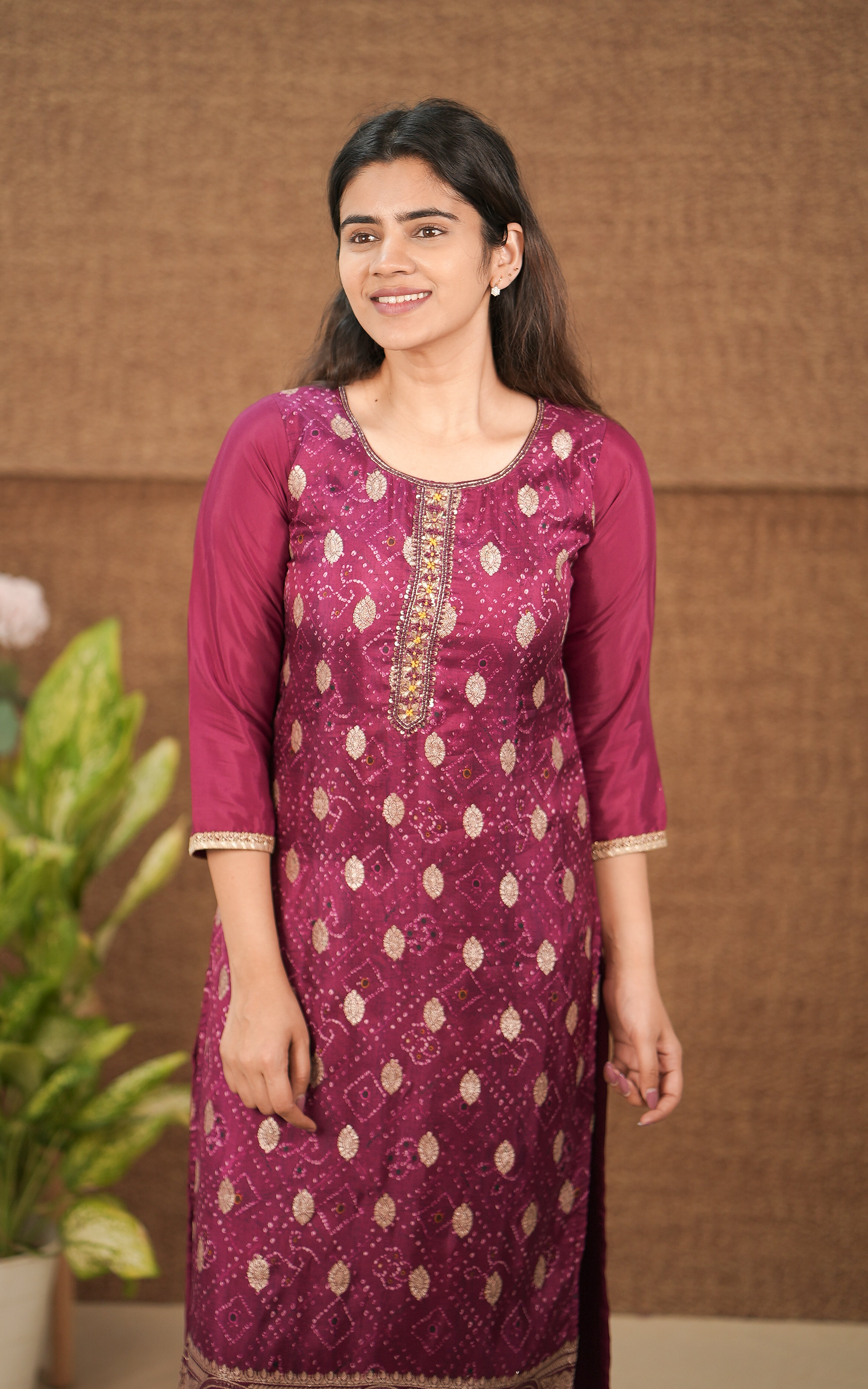 instore kurti office wear for women bandani printed art silk straight cut kurti color: plum