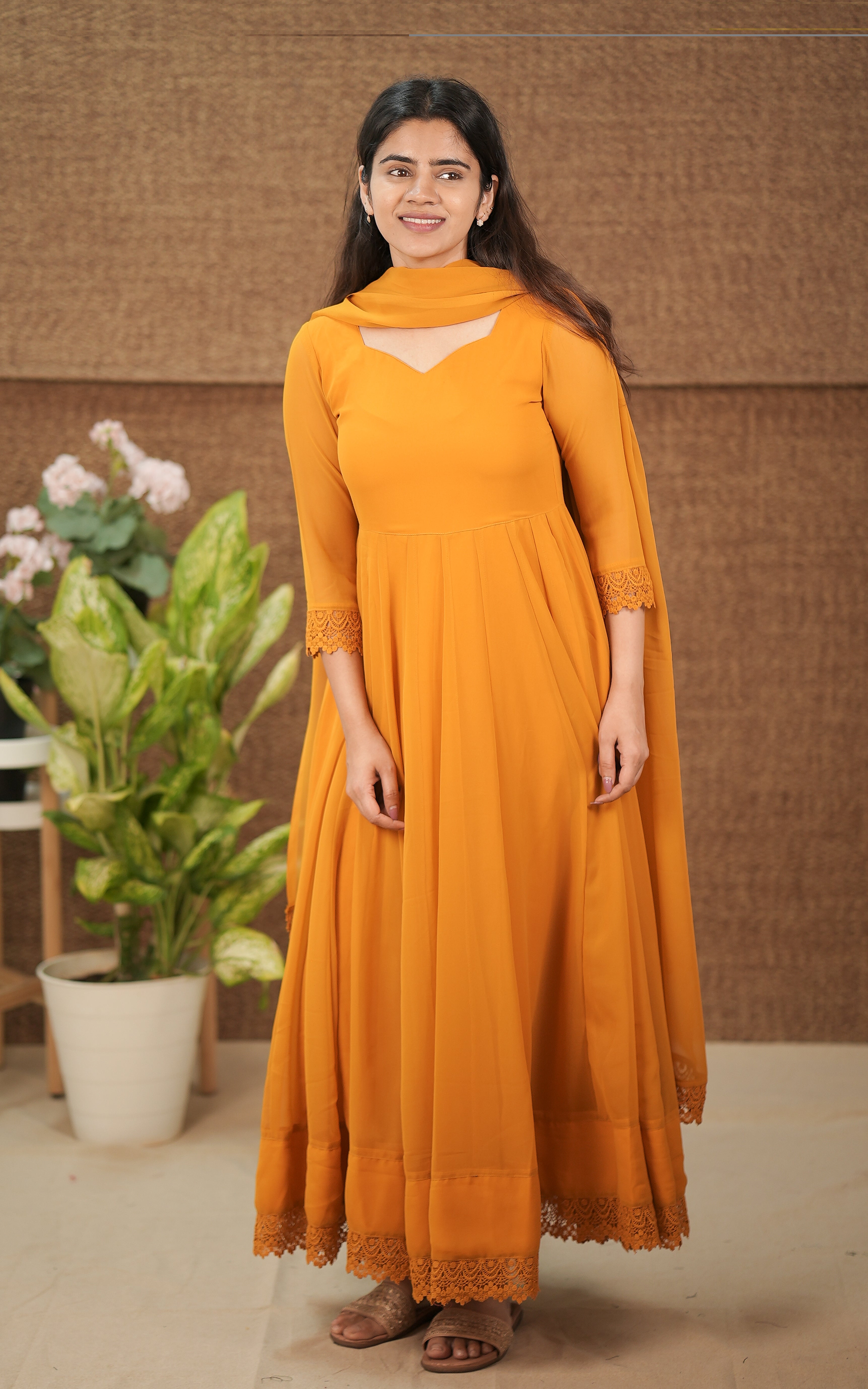 instore kurti melodic mustard (kurti+dupatta) georgette with butter crepe lining full flared anarkali with crochet lace border color: mustard
