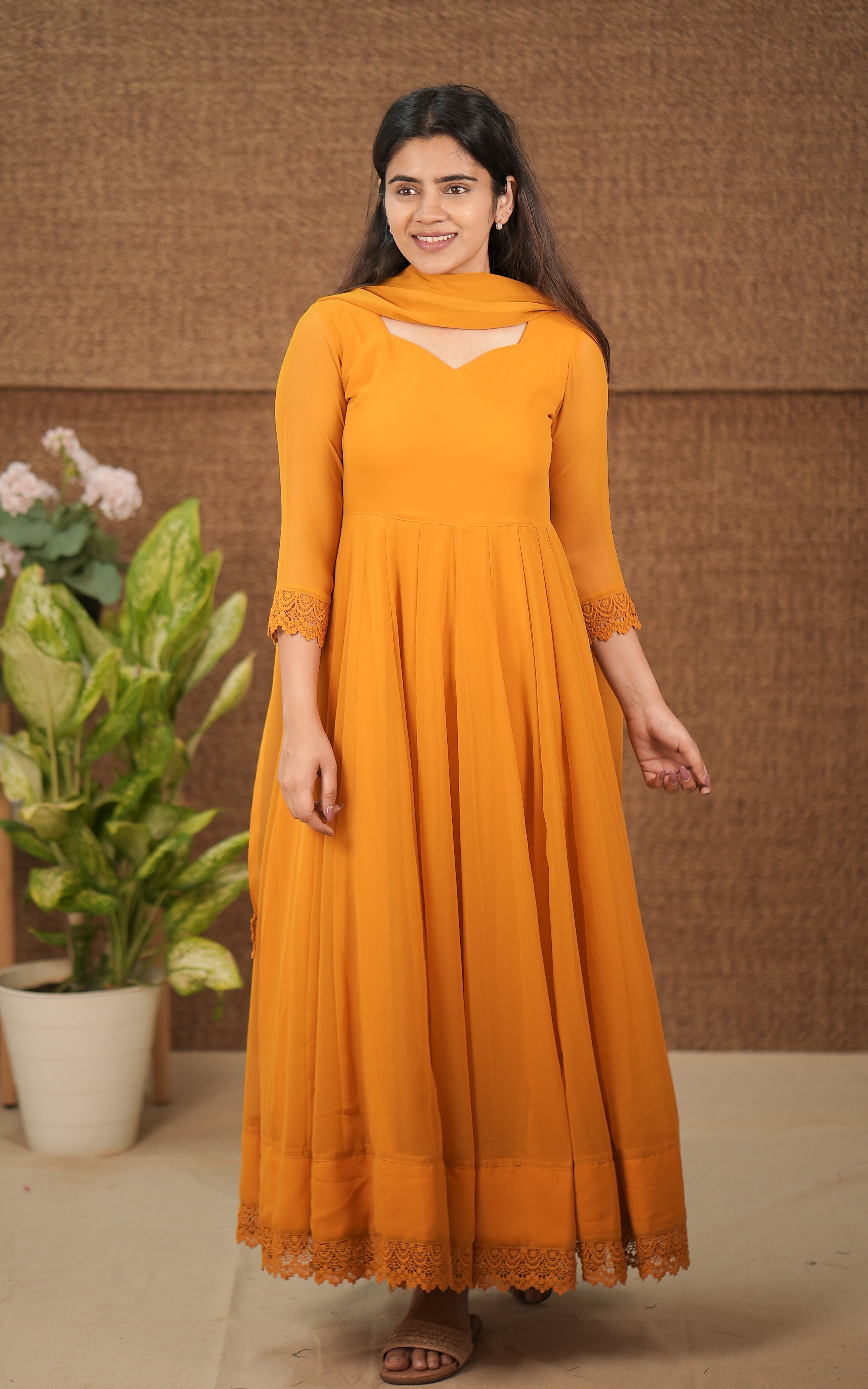 instore kurti set georgette with butter crepe lining full flared anarkali with crochet lace border color: mustard