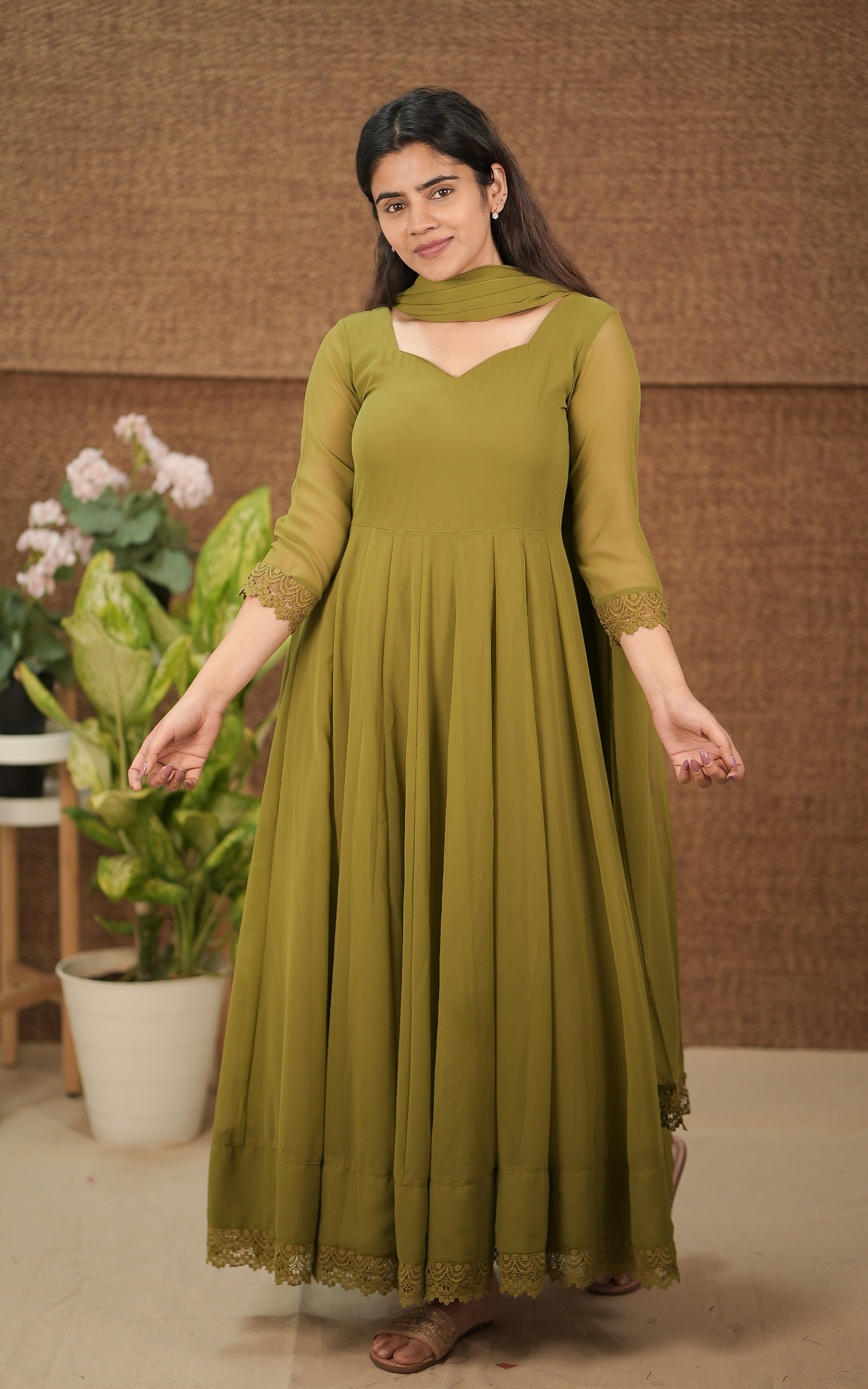 instore kurti office wear for women georgette full flared anarkali with crochet lace border color: mehandi green