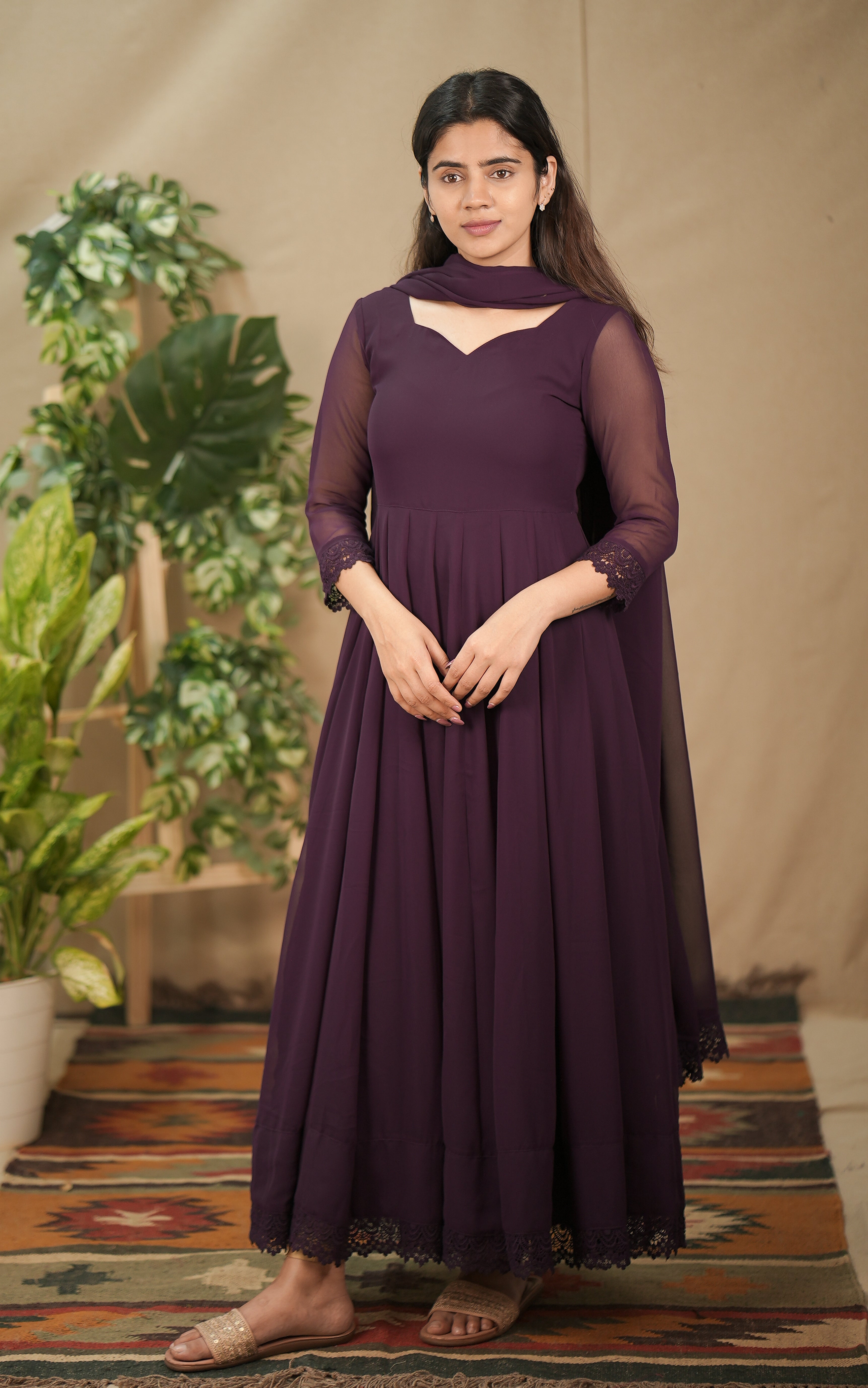 instore kurti melodic dark plum (kurti+dupatta) georgette with butter crepe lining full flared anarkali with crochet lace border color: plum