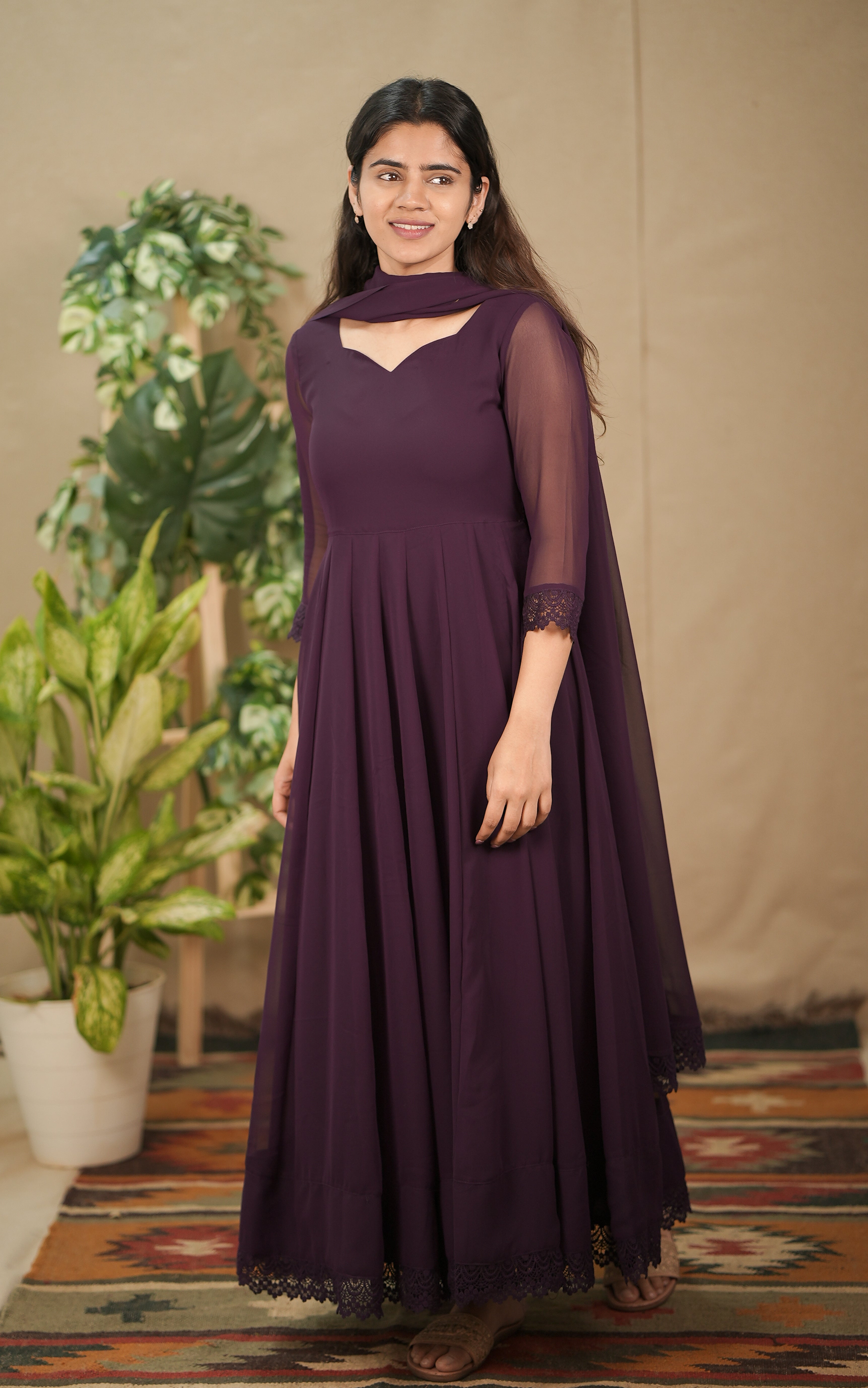 instore kurti set georgette with butter crepe lining full flared anarkali with crochet lace border color: plum